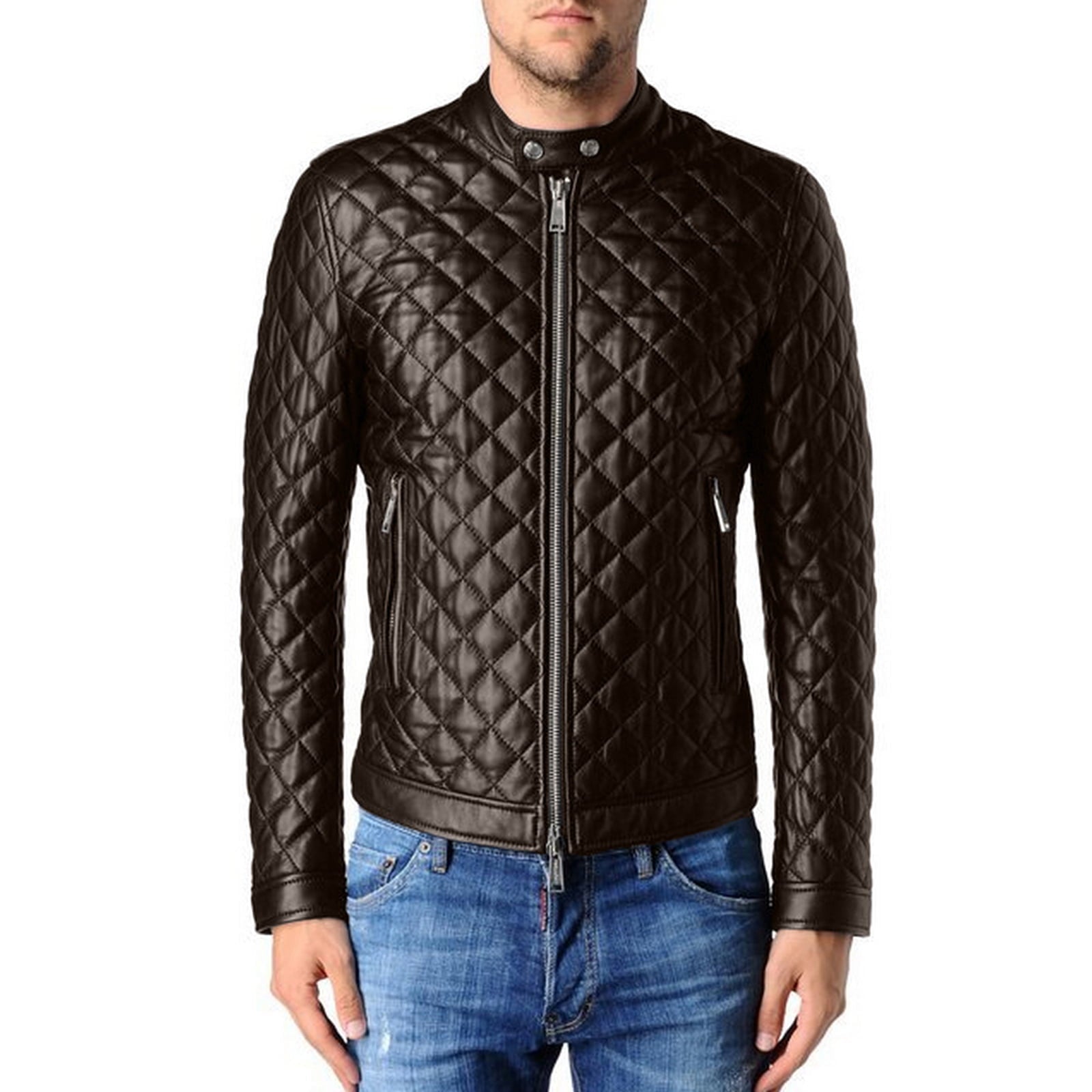 Giacca Biker In Vera Pelle Marrone Uomo Trapuntata Rombi Rindway