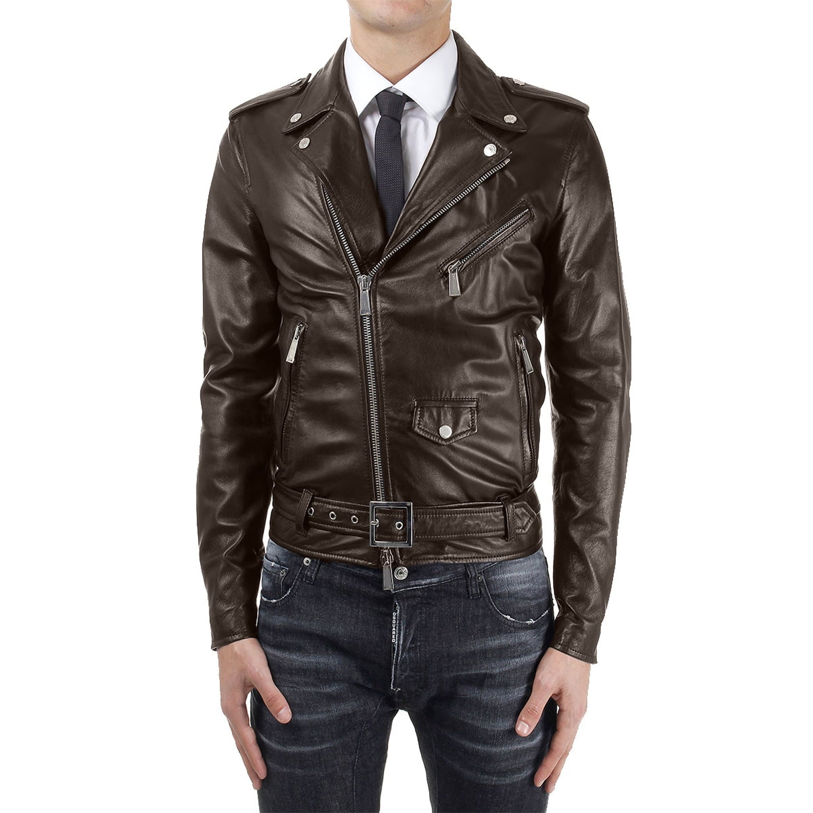 Chiodo Biker In Vera Pelle Marrone Uomo Slim Con Fibbia Quadrata Rindway