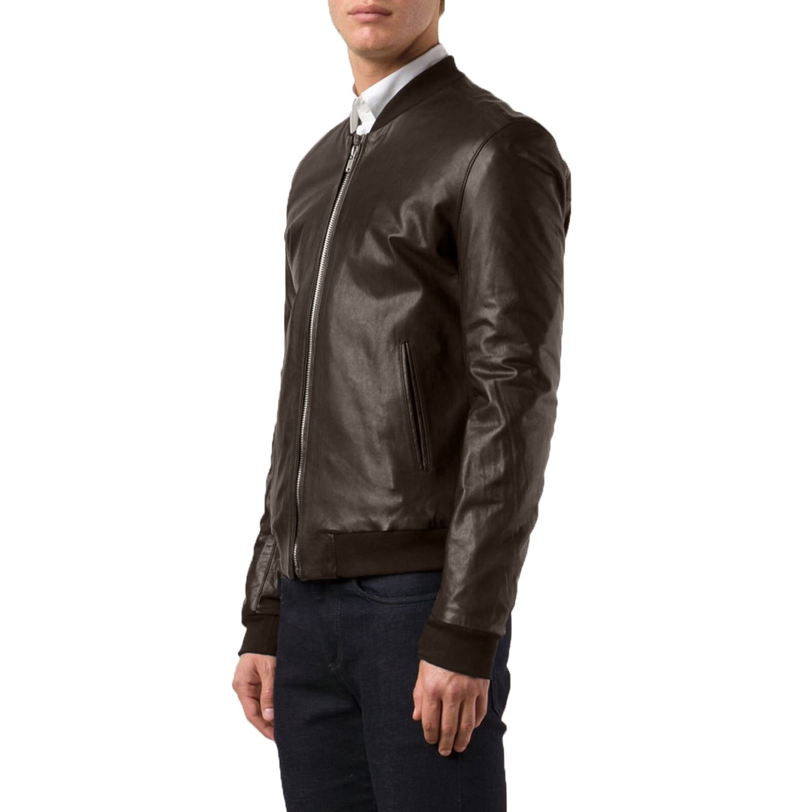 Rindway Blue Genuine Leather Bomber Jacket for Men with Low College Collar