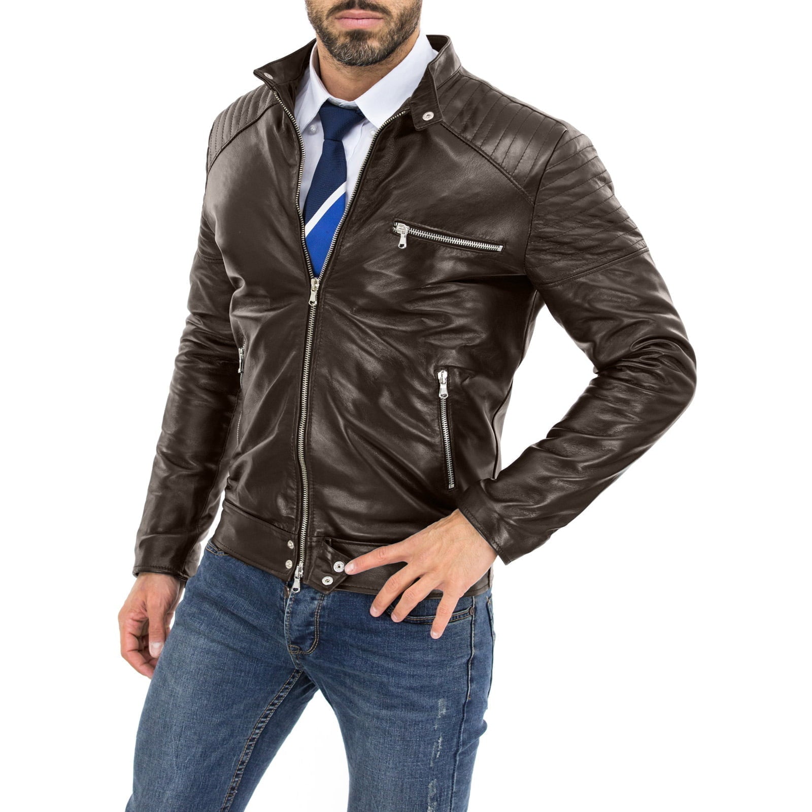 Men's Brown Genuine Leather Biker Jacket Slim Lines Shoulders Silver Accessories Rindway