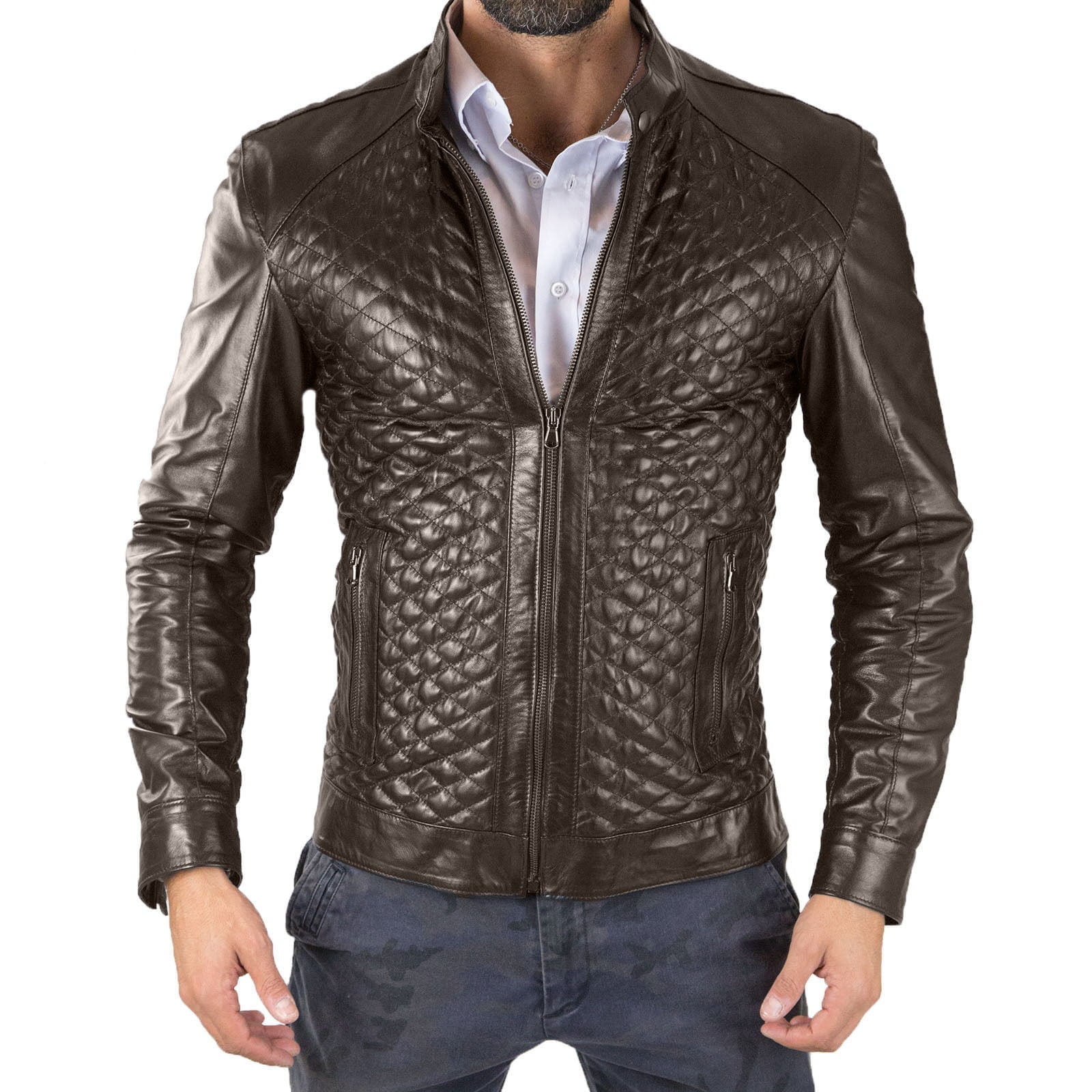 Rindway Men's Brown Genuine Leather Biker Jacket Slim Quilted Small Diamonds