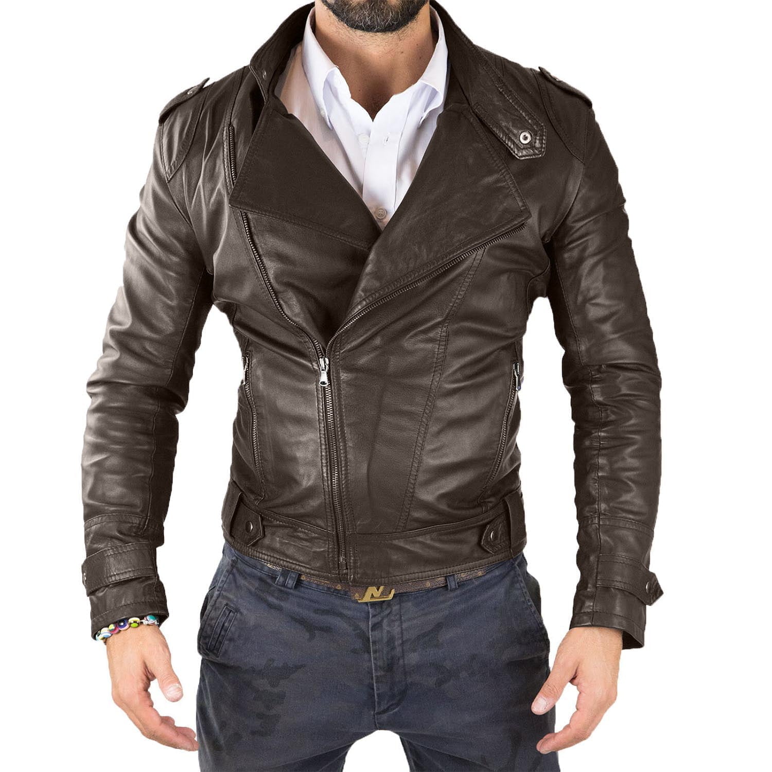 Chiodo Biker In Vera Pelle Marrone Uomo Slim Collo Coreana Con Bottone Rindway