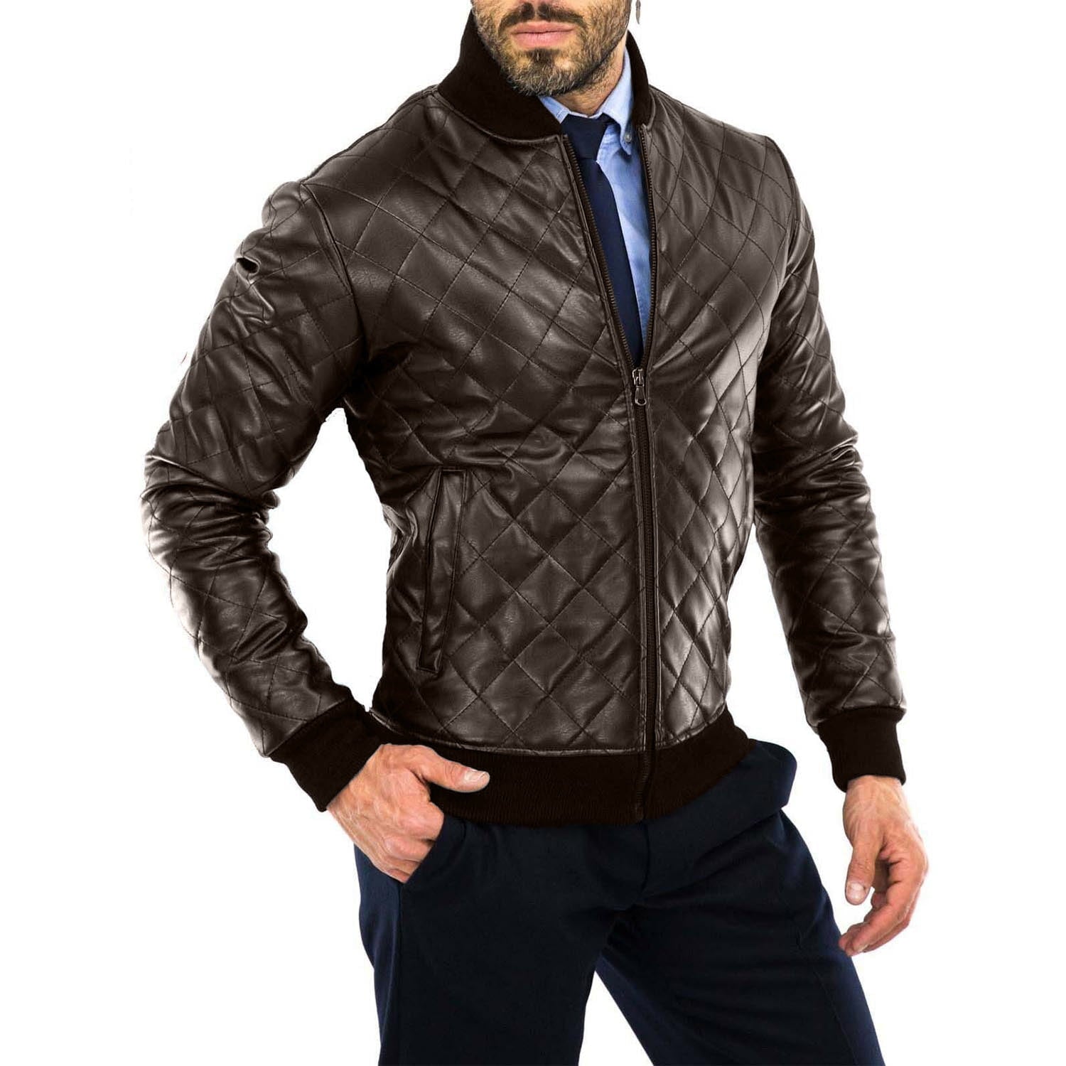 Rindway Diamond Quilted Men's Brown Genuine Leather Bomber Jacket