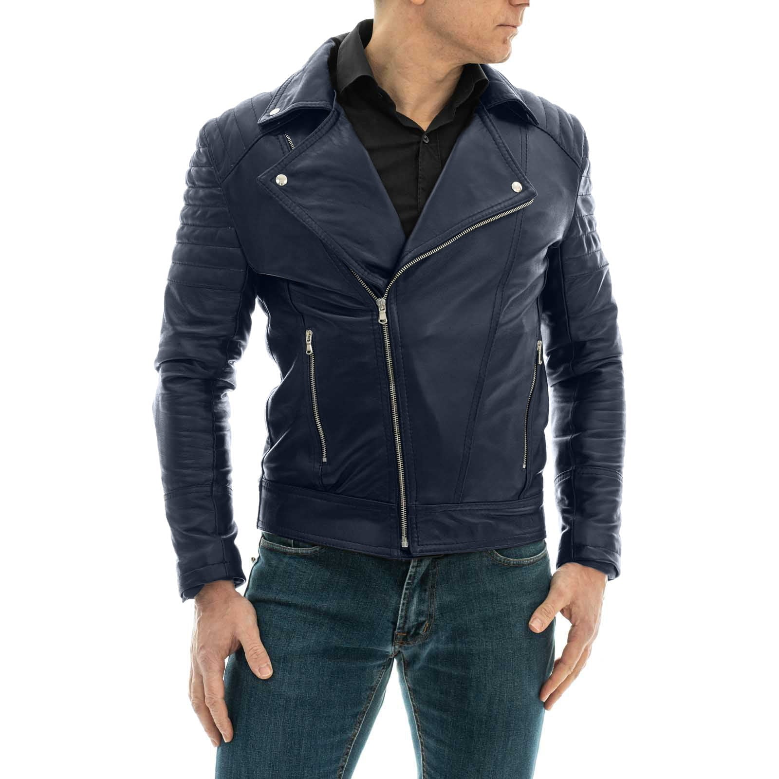 Chiodo Biker In Vera Pelle Blu Uomo Slim Linee Spalle Braccia Rindway