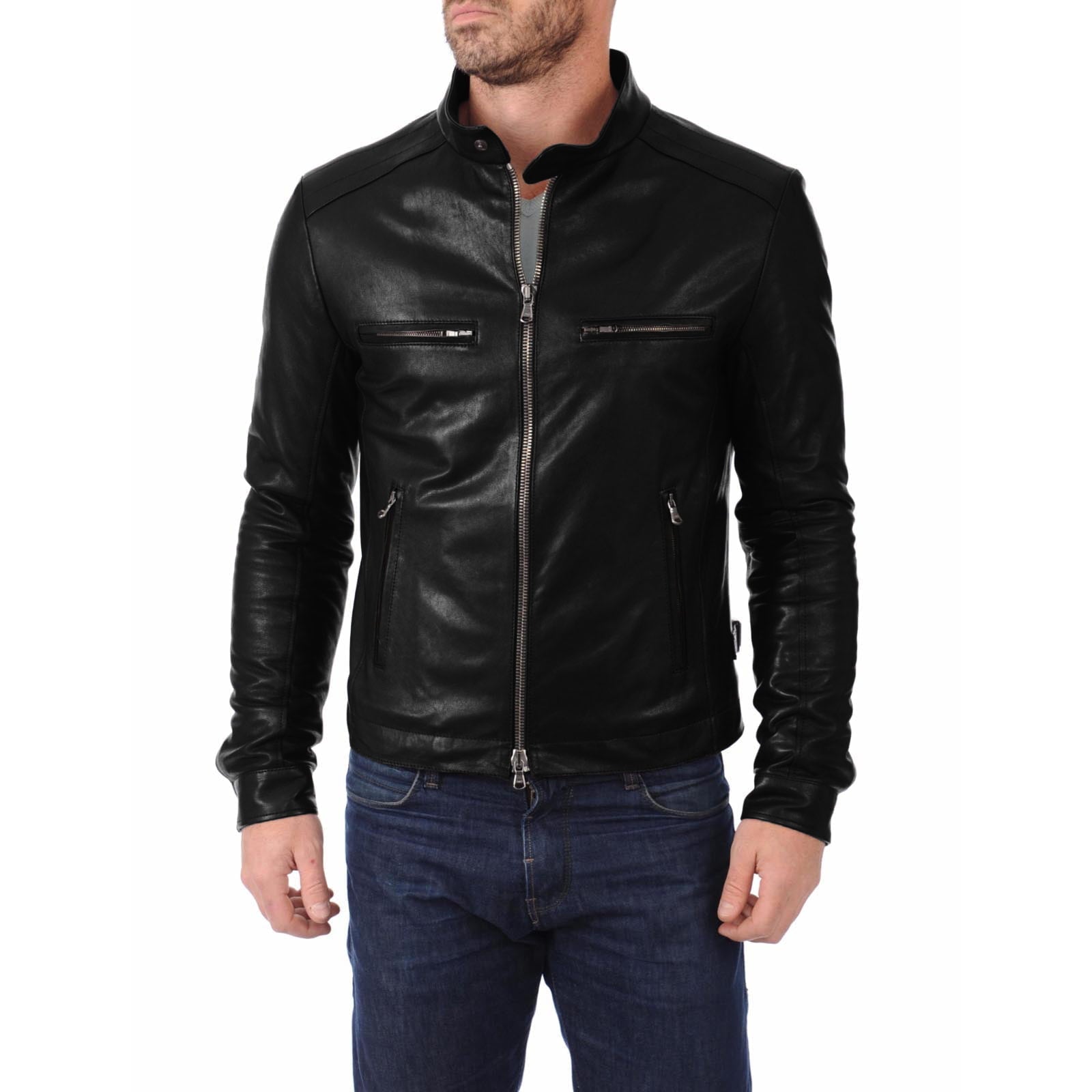 Rindway Men's Blue Genuine Leather Biker Jacket with Four Pockets and Shoulder Lines