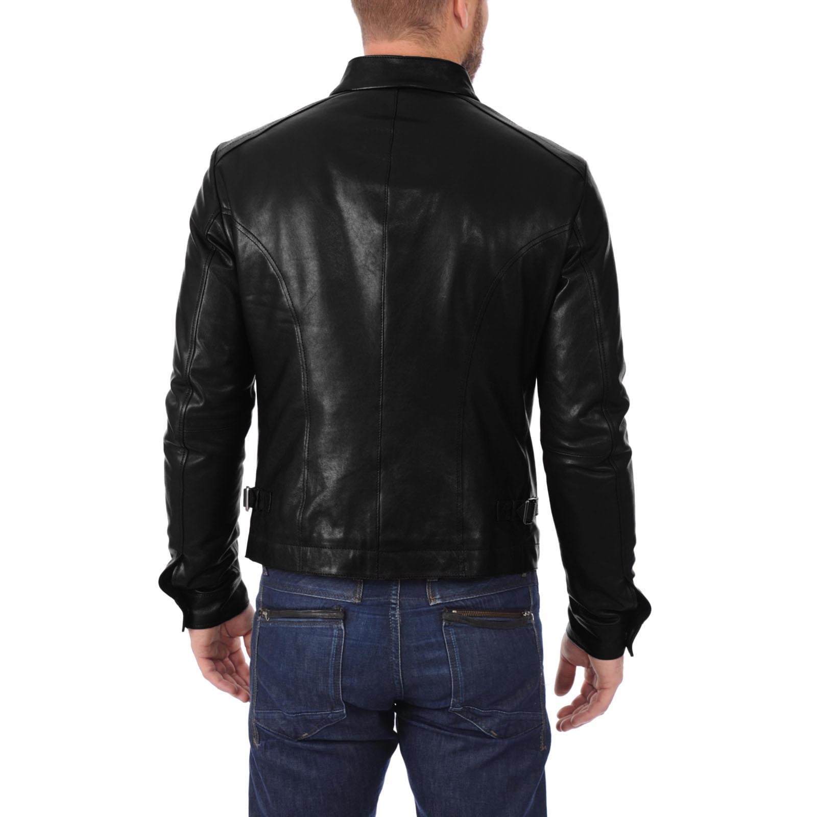 Rindway Men's Black Genuine Leather Biker Jacket with Four Pockets and Shoulder Lines