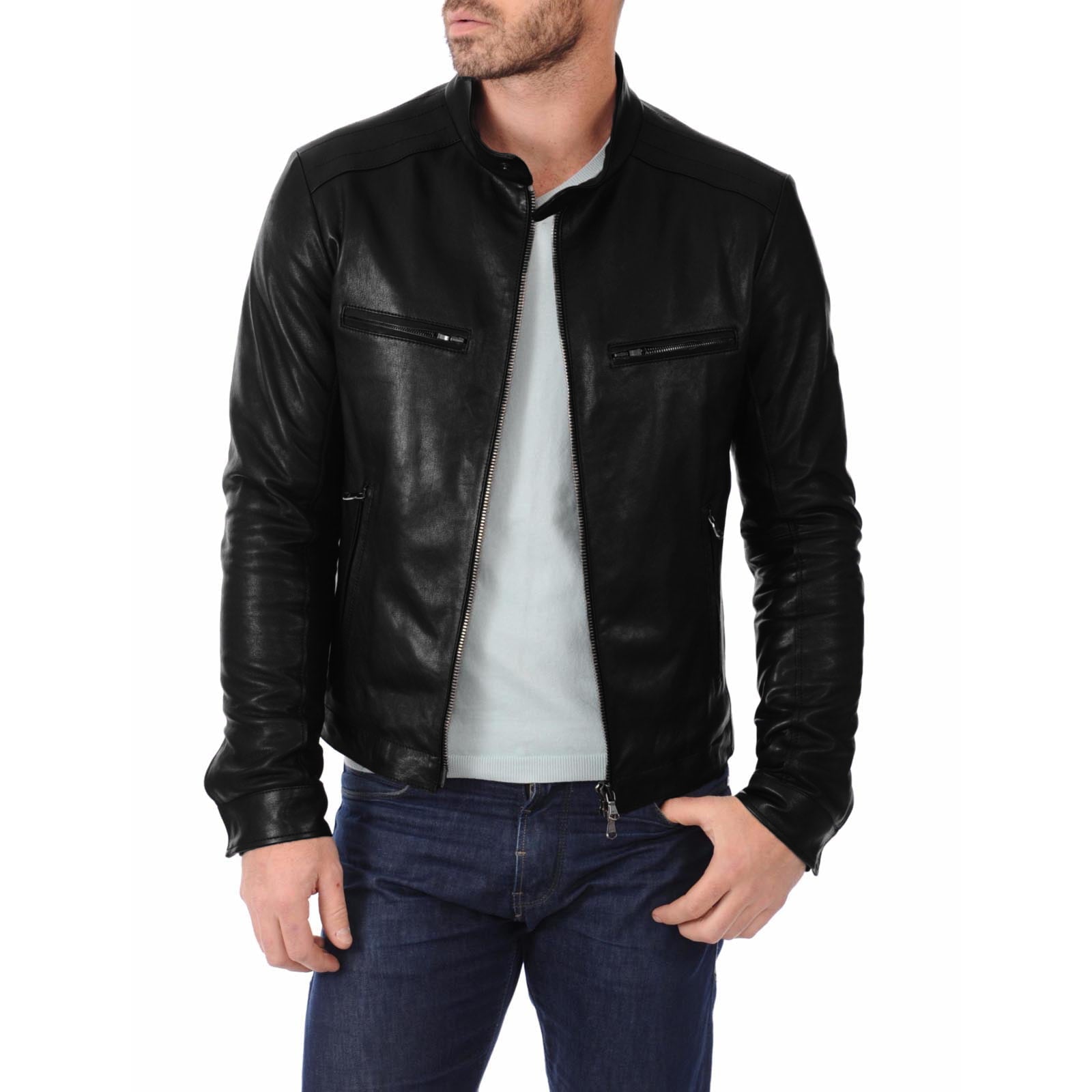 Rindway Men's Black Genuine Leather Biker Jacket with Four Pockets and Shoulder Lines