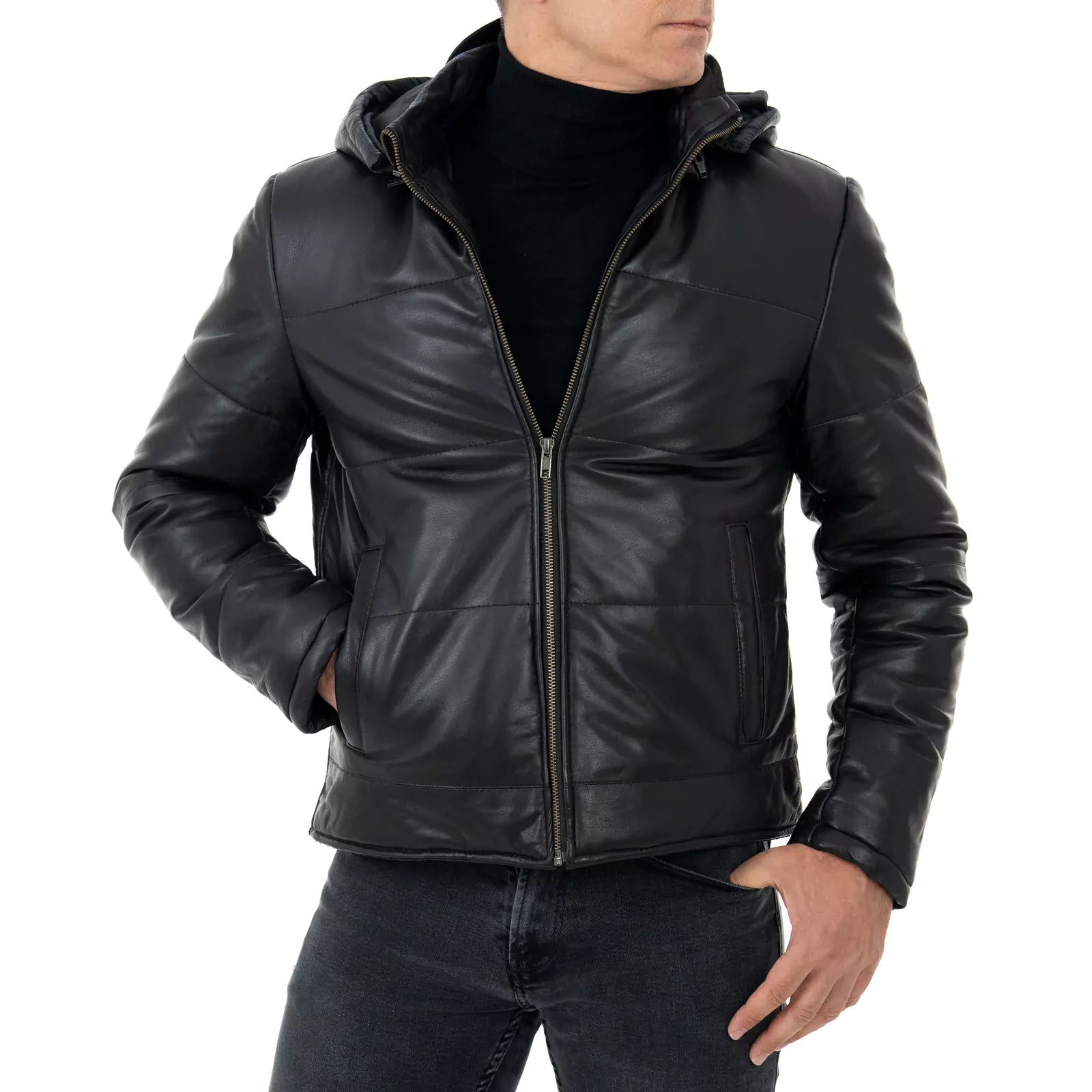 Rindway Men's Genuine Leather Slim Down Jacket with Removable Zipper Hood