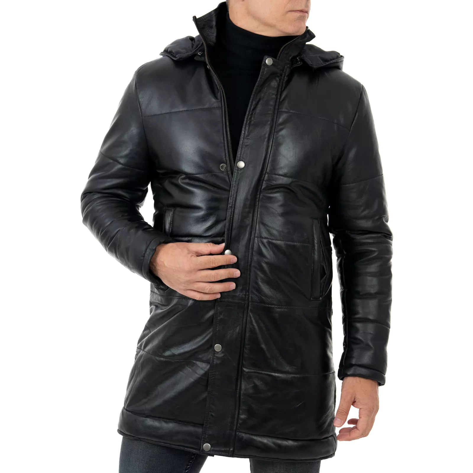 Rindway Men's Genuine Leather Slim Down Jacket with Removable Zipper Hood