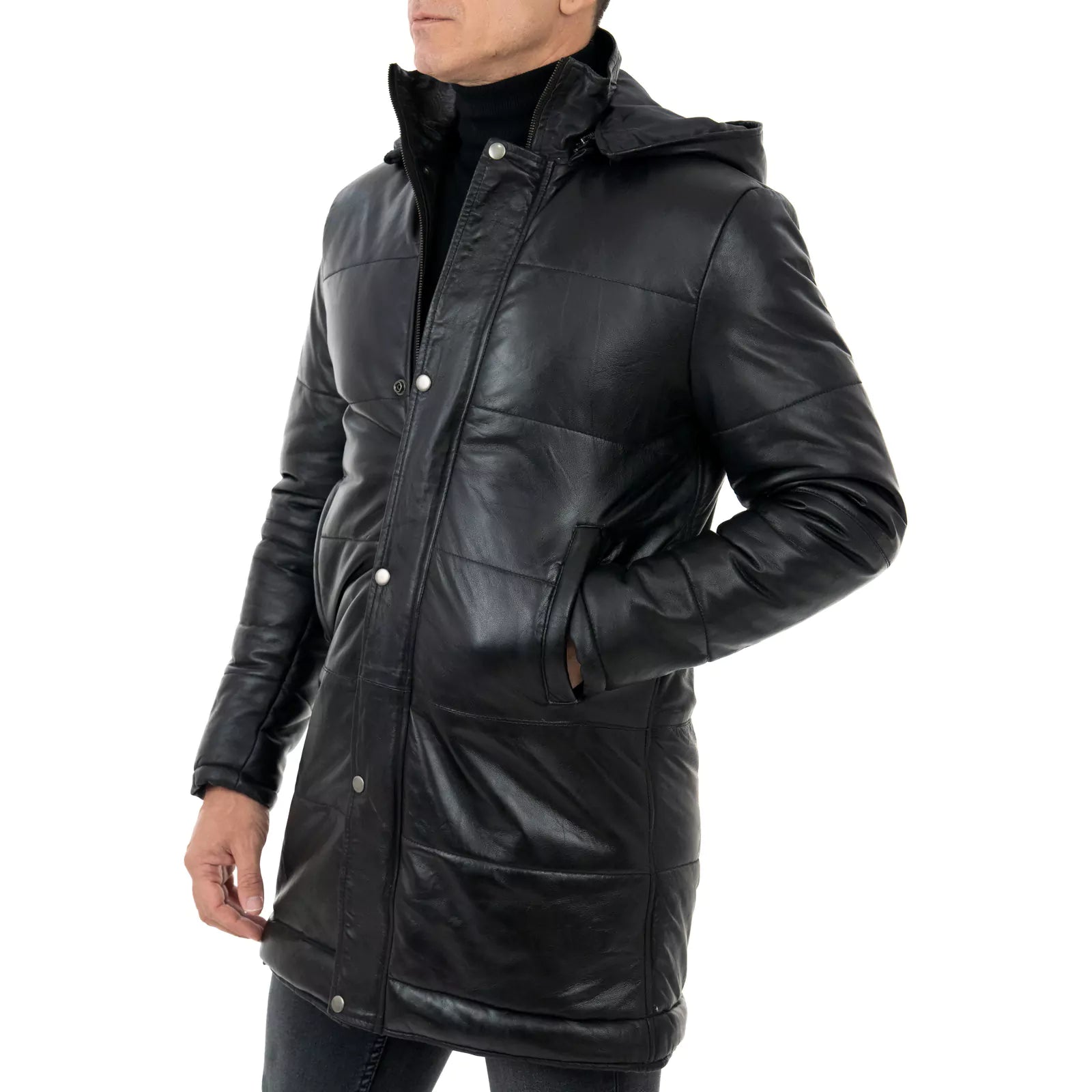 Rindway Men's Genuine Leather Slim Down Jacket with Removable Zipper Hood