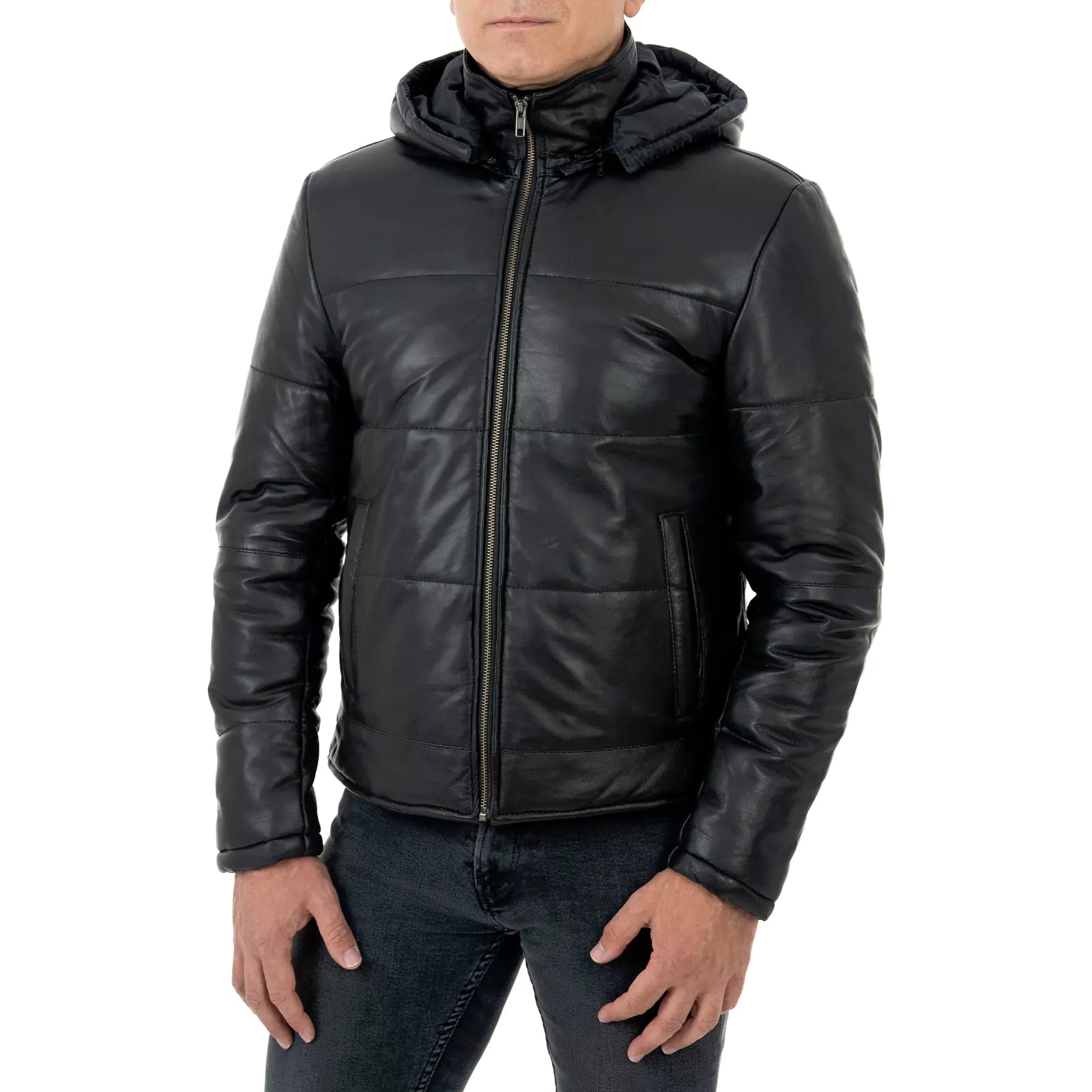 Rindway Men's Genuine Leather Slim Down Jacket with Removable Zipper Hood