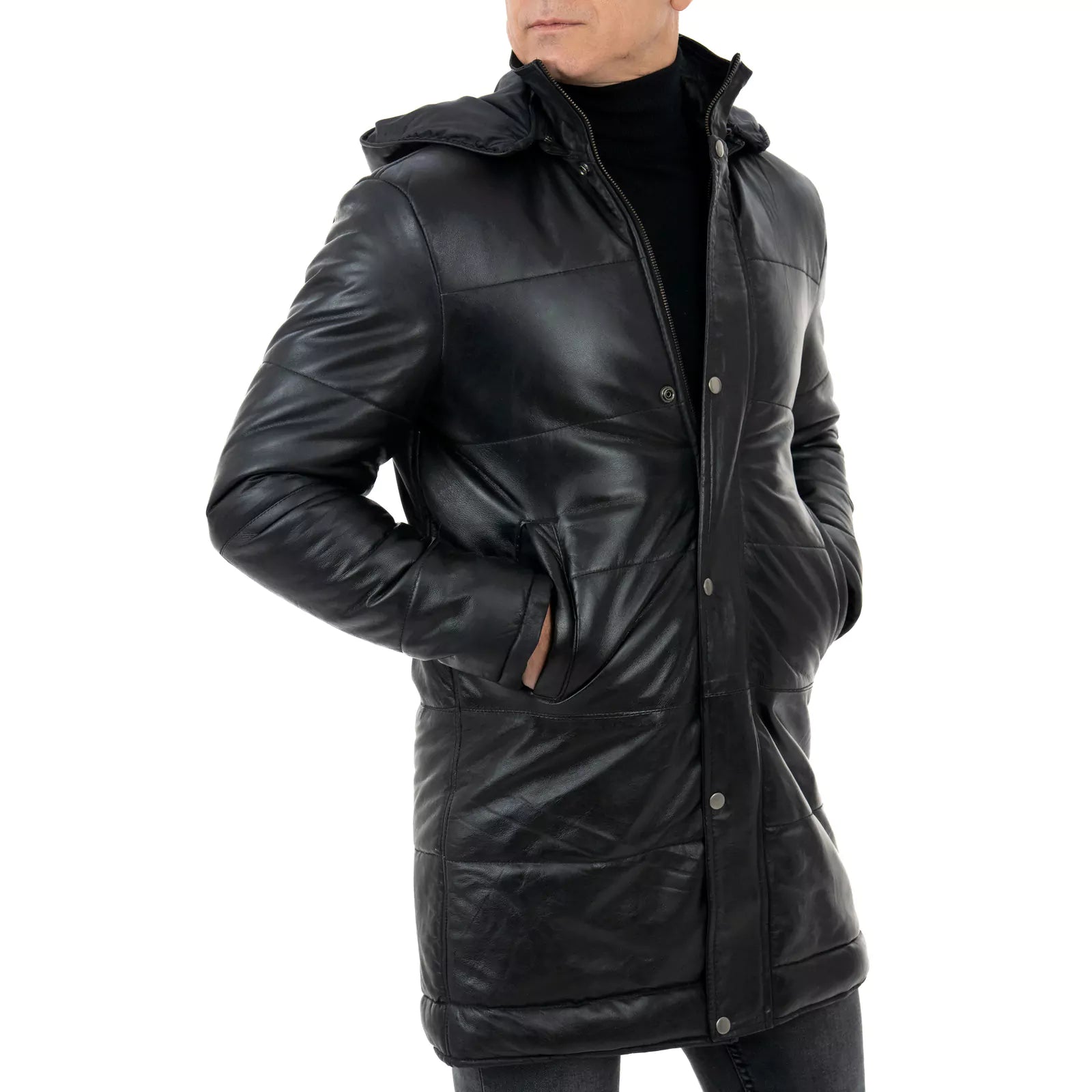 Rindway Men's Genuine Leather Slim Down Jacket with Removable Zipper Hood