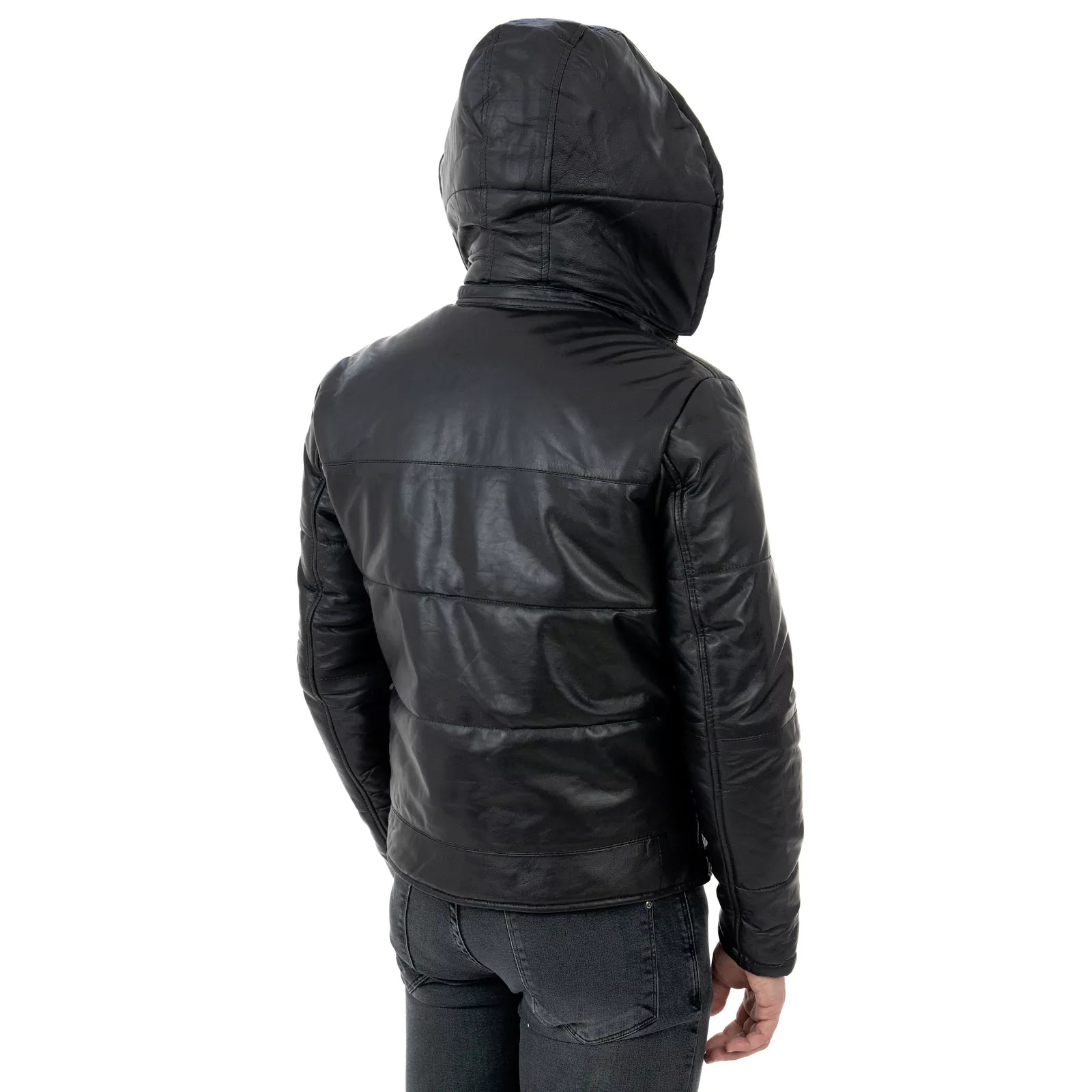 Rindway Men's Genuine Leather Slim Down Jacket with Removable Zipper Hood