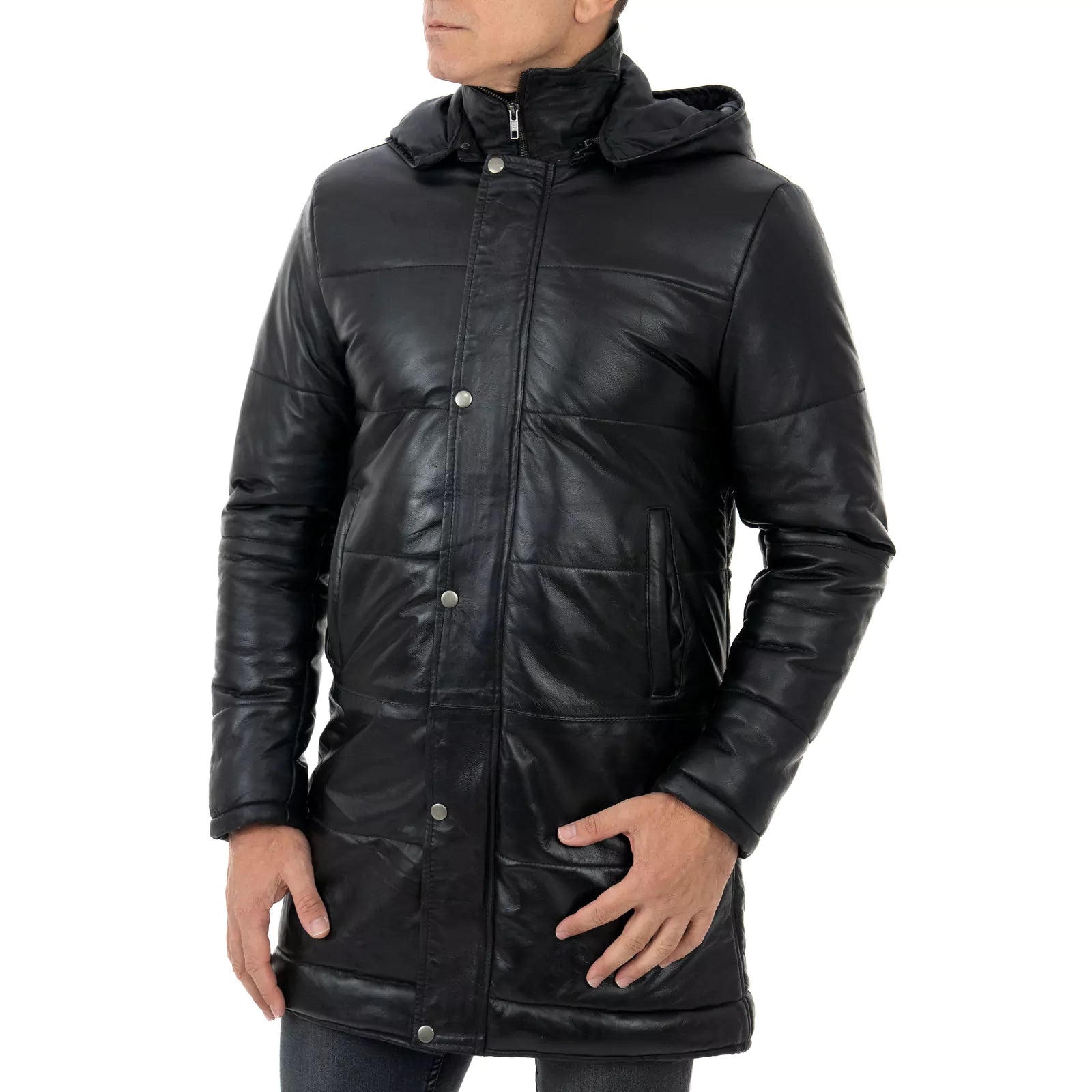 Rindway Men's Genuine Leather Slim Down Jacket with Removable Zipper Hood