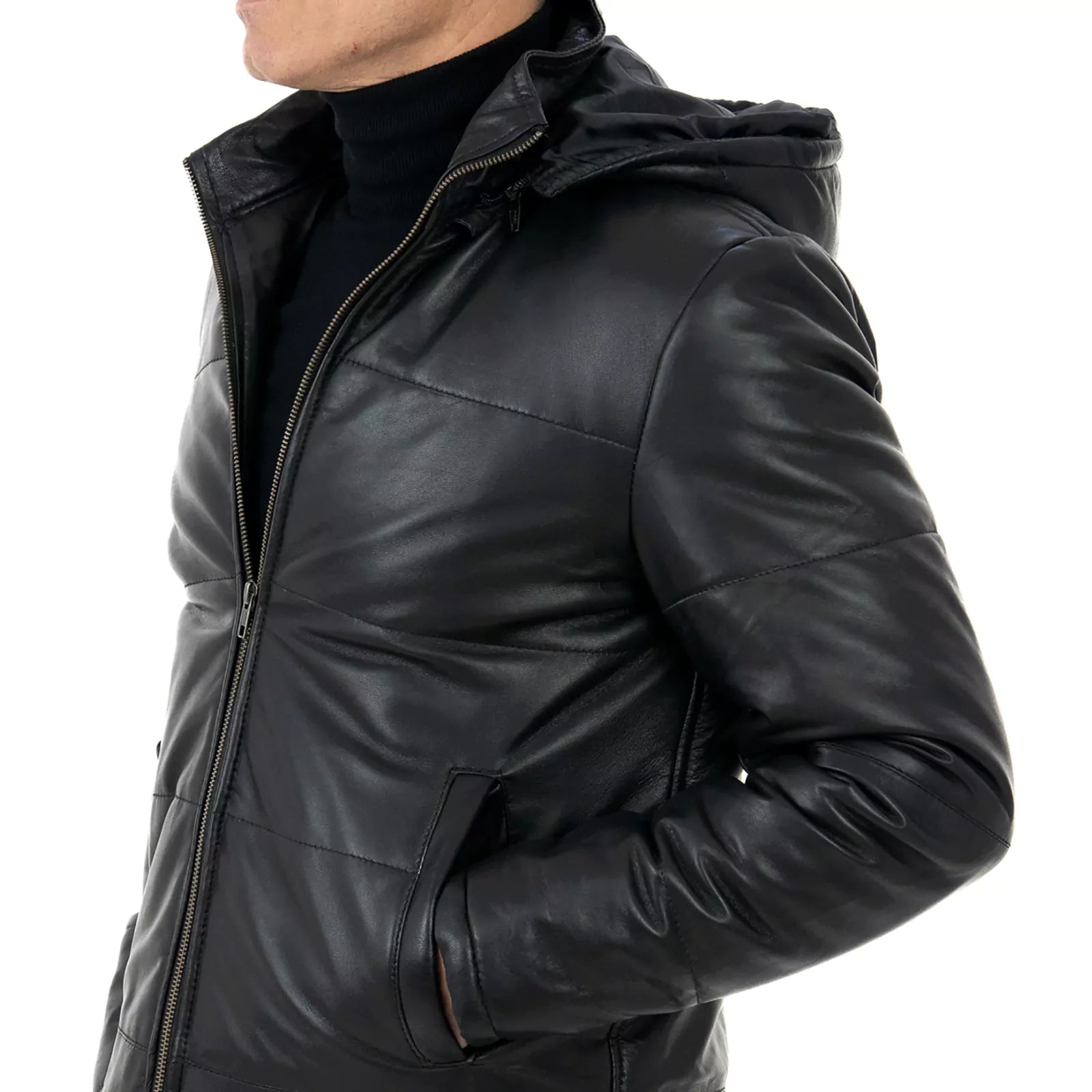 Rindway Men's Genuine Leather Slim Down Jacket with Removable Zipper Hood