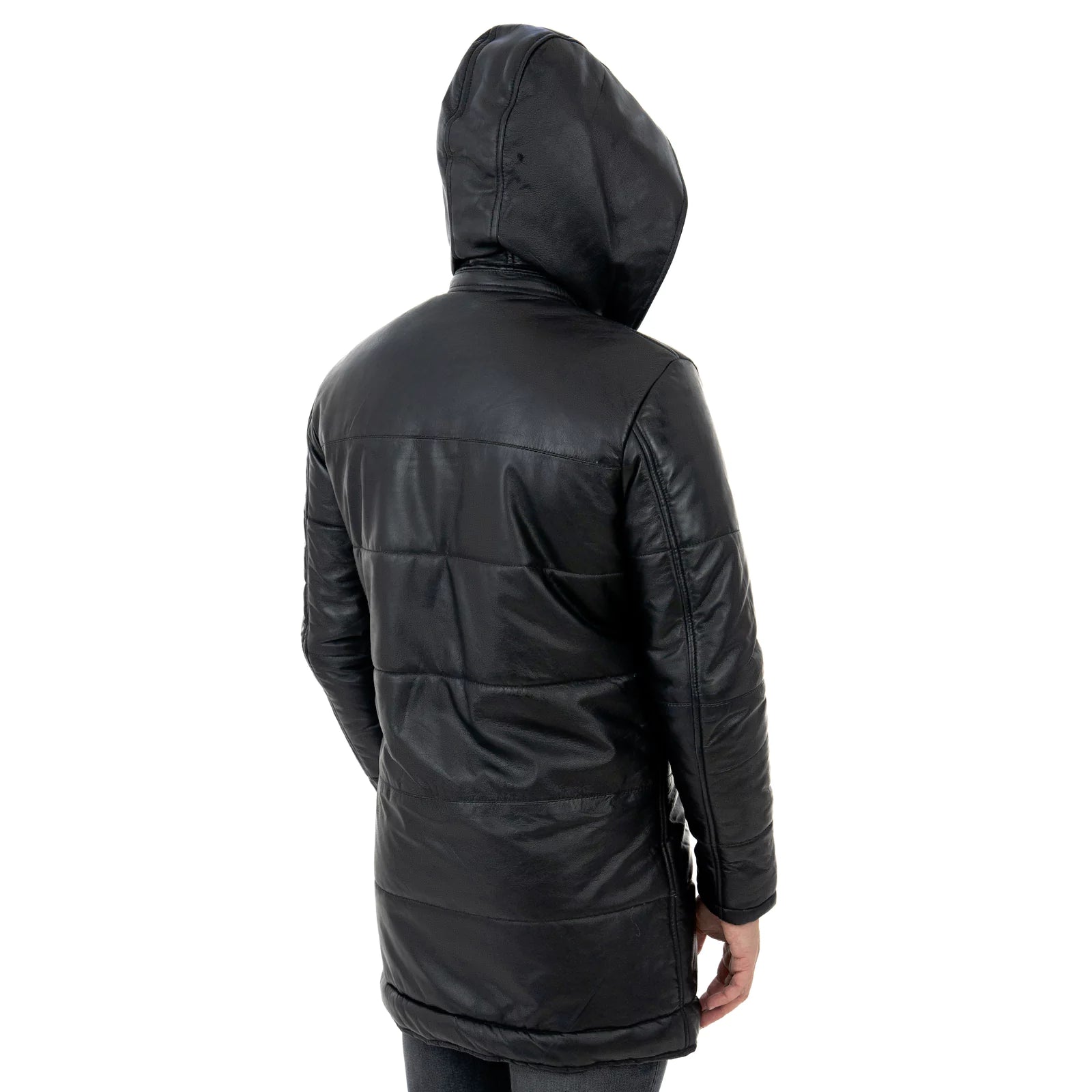 Rindway Men's Genuine Leather Slim Down Jacket with Removable Zipper Hood