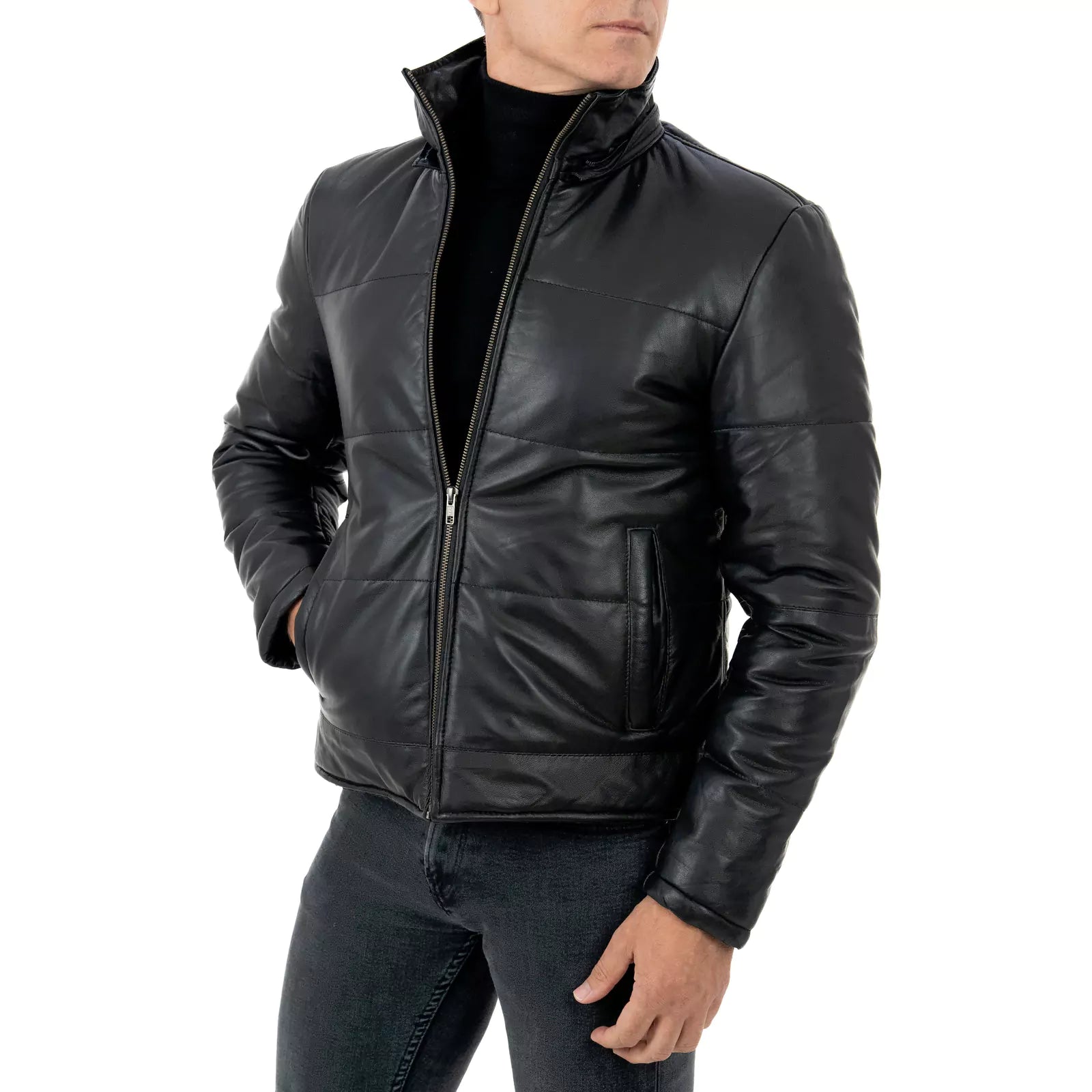 Rindway Men's Genuine Leather Slim Down Jacket with Removable Zipper Hood