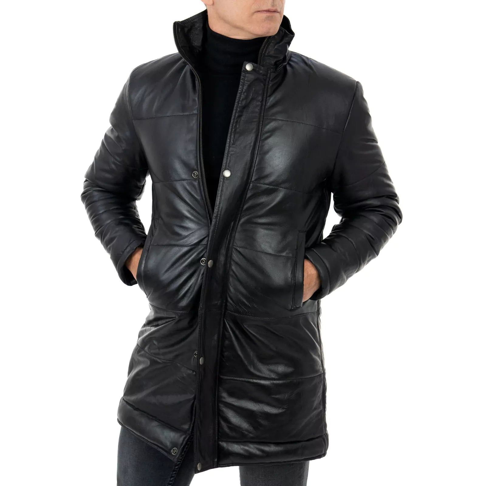 Rindway Men's Genuine Leather Slim Down Jacket with Removable Zipper Hood