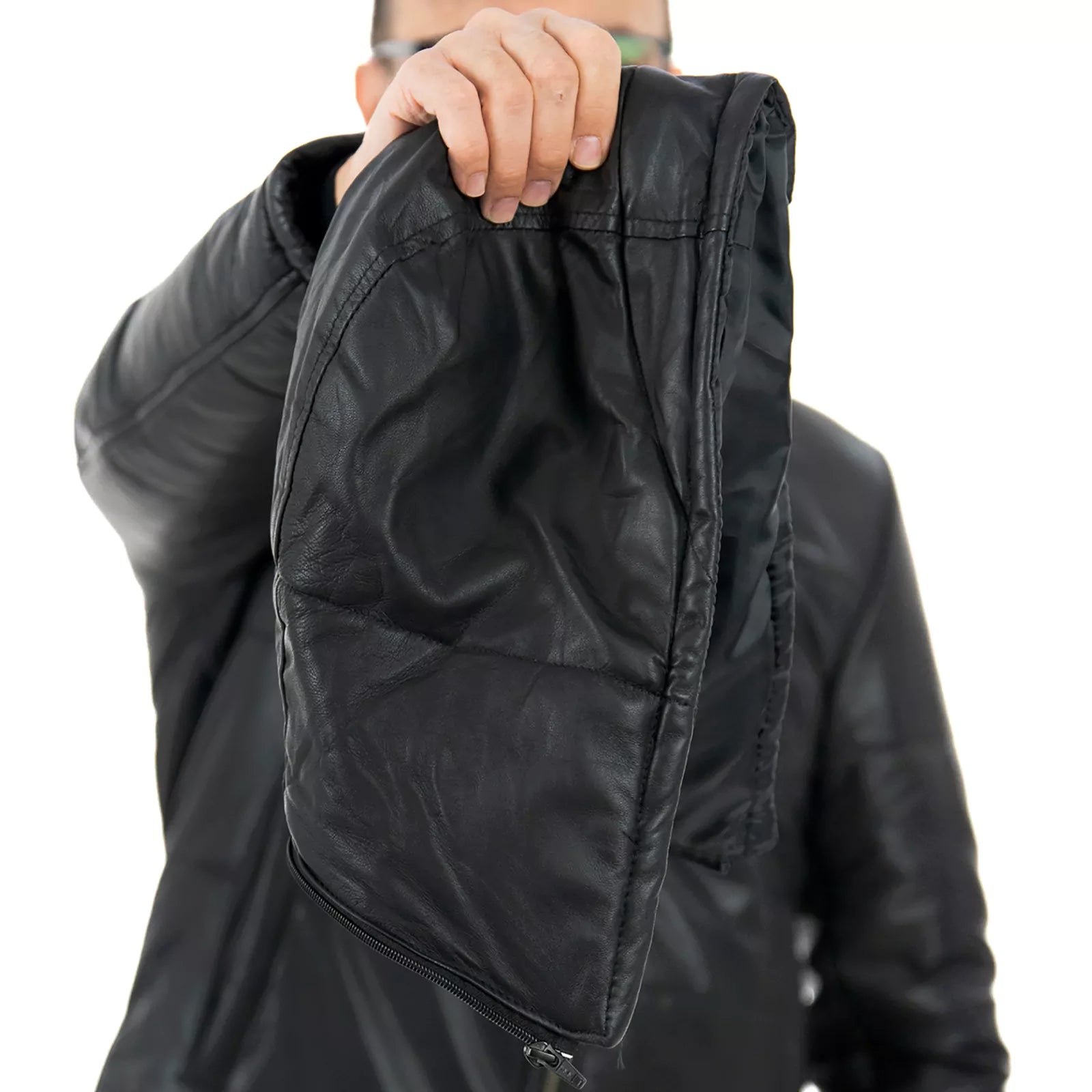 Rindway Men's Genuine Leather Slim Down Jacket with Removable Zipper Hood