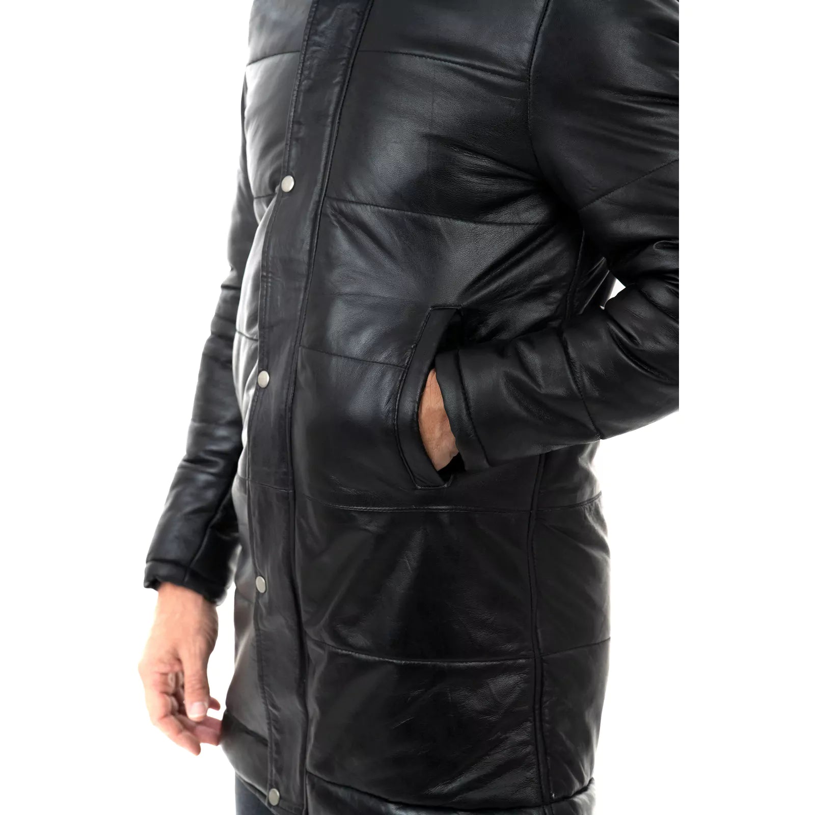 Rindway Men's Genuine Leather Slim Down Jacket with Removable Zipper Hood