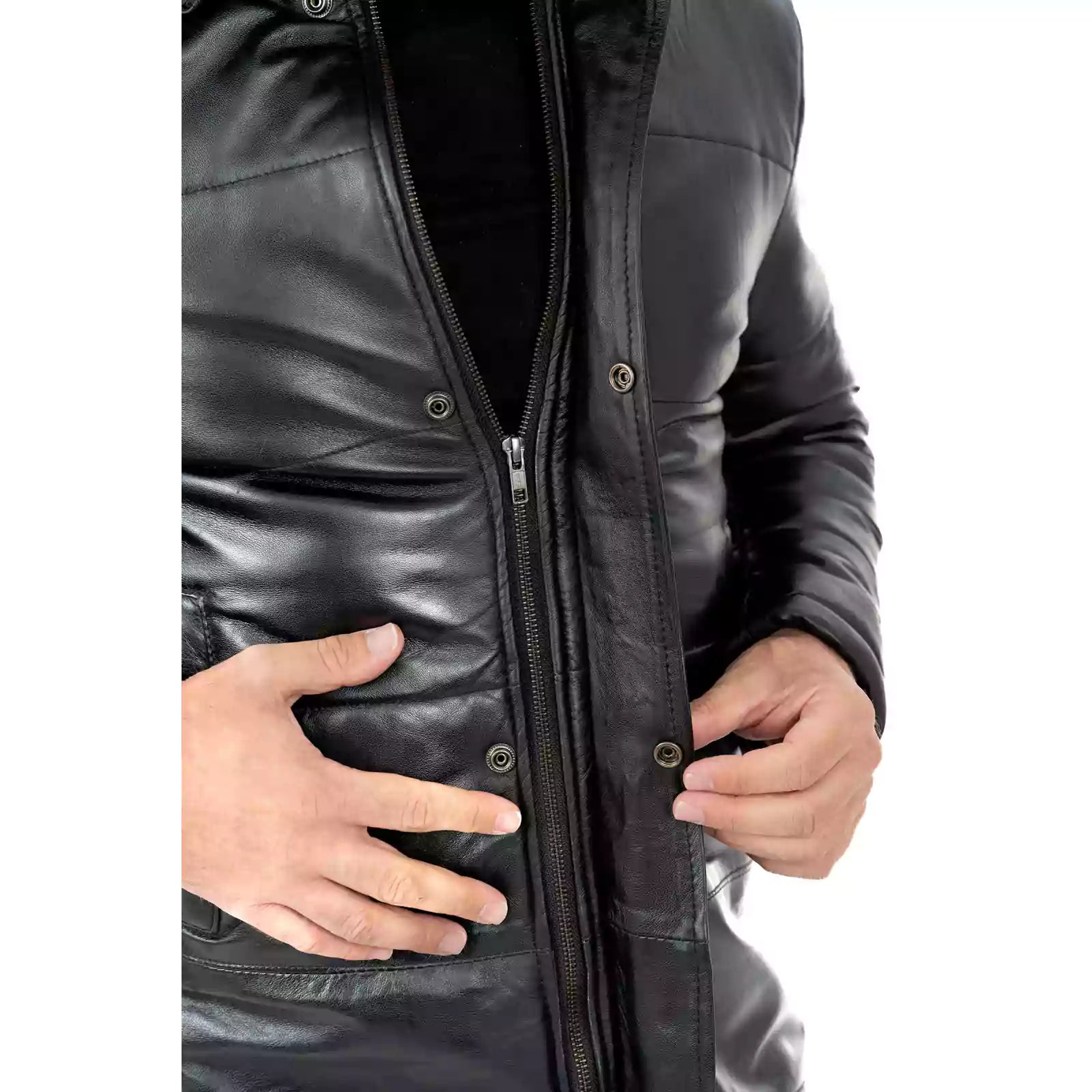 Rindway Men's Genuine Leather Slim Down Jacket with Removable Zipper Hood