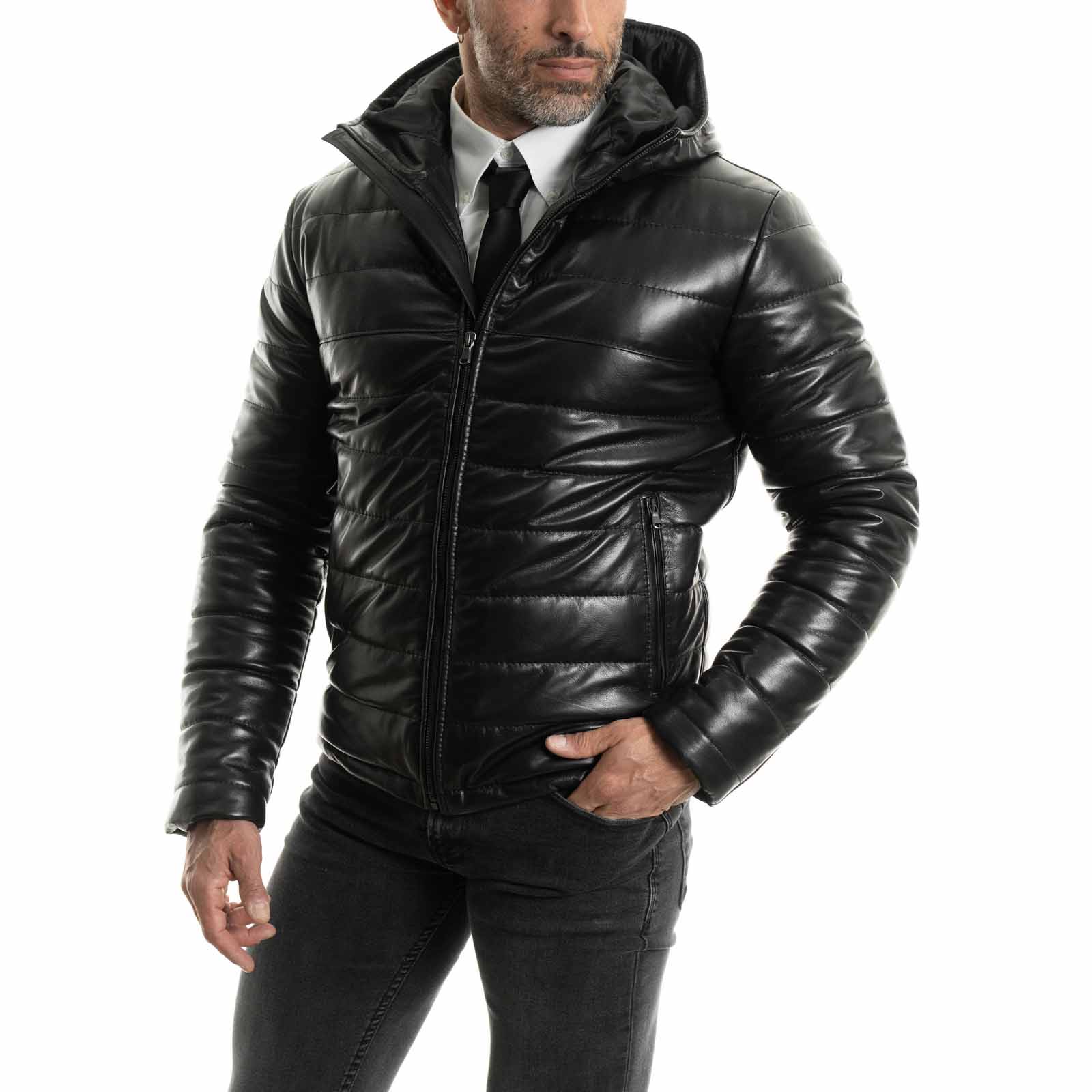 Men's Genuine Leather Down Jacket Slim Narrow Lines With Fixed Hood Rindway