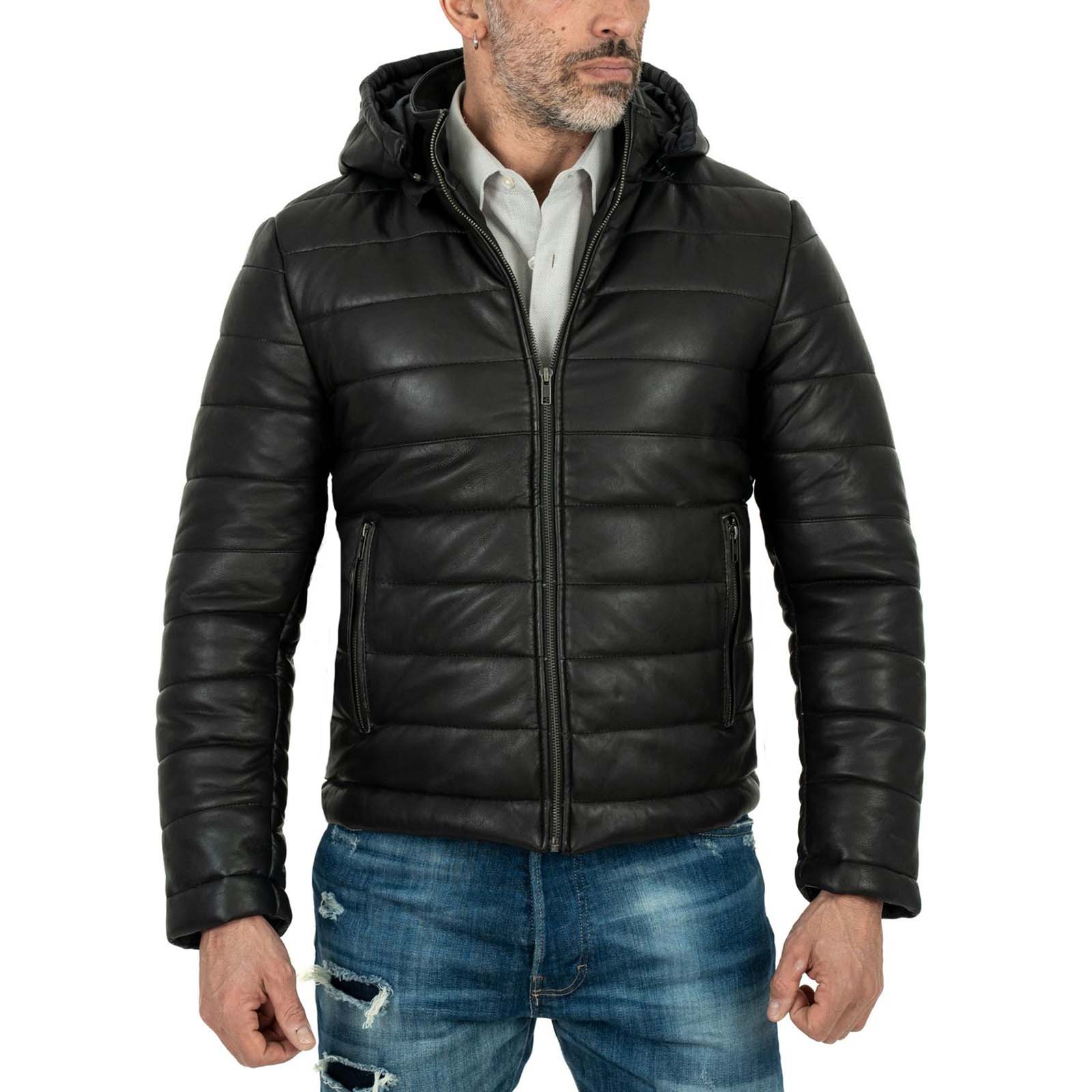 Rindway Men's Genuine Leather Slim Down Jacket with Removable Zipper Hood