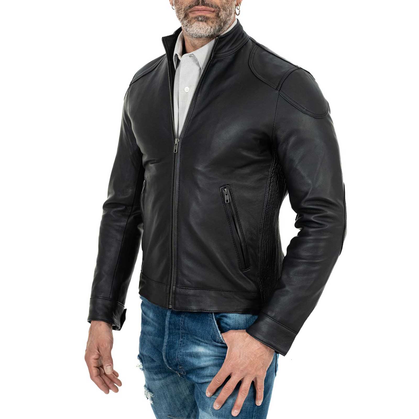 Biker Jacket in Genuine Leather Black Men Slim Rindway Shoulder Details