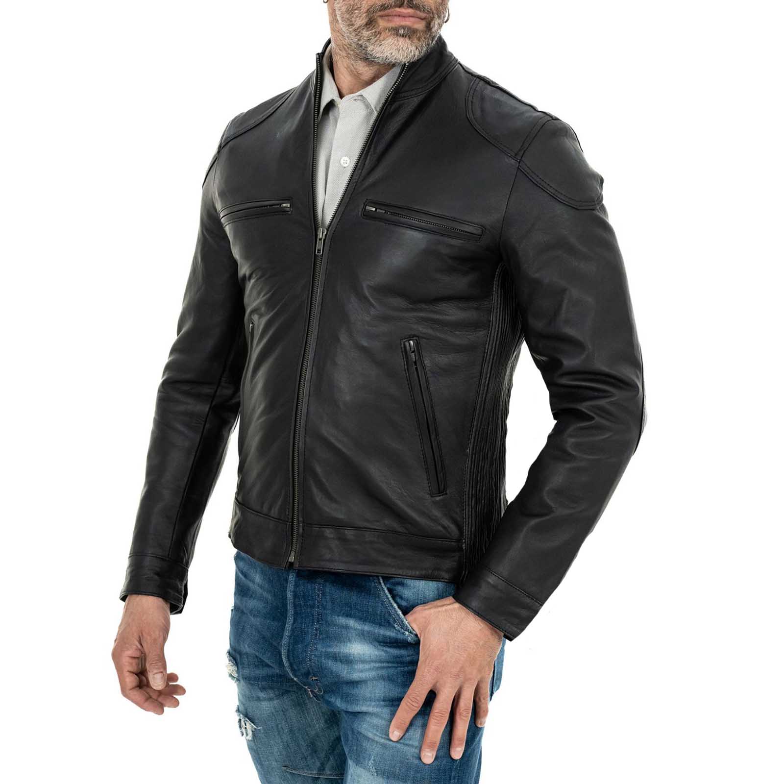 Biker Jacket in Genuine Leather Black Men Slim Four Pockets Rindway