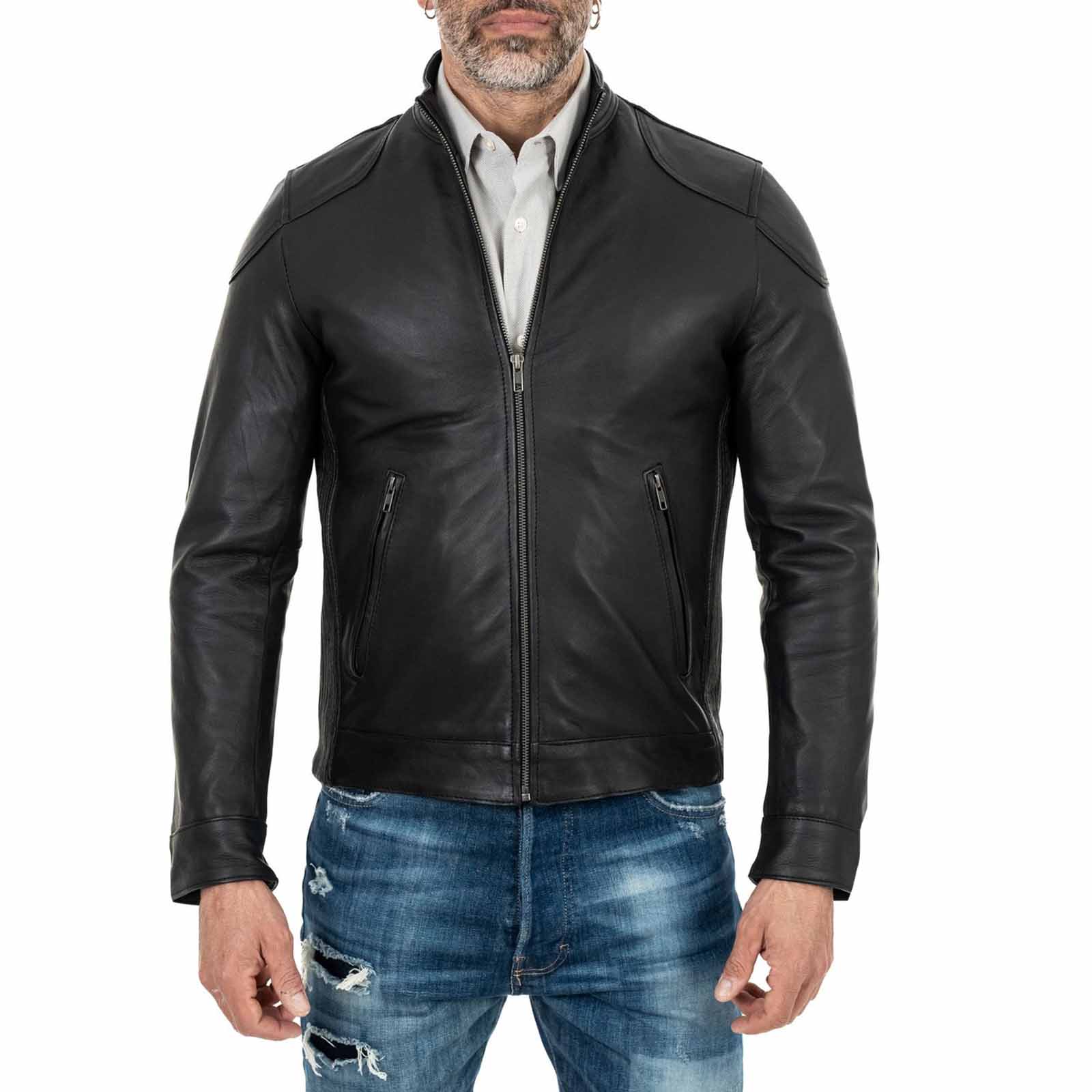 Biker Jacket in Genuine Leather Black Men Slim Rindway Shoulder Details