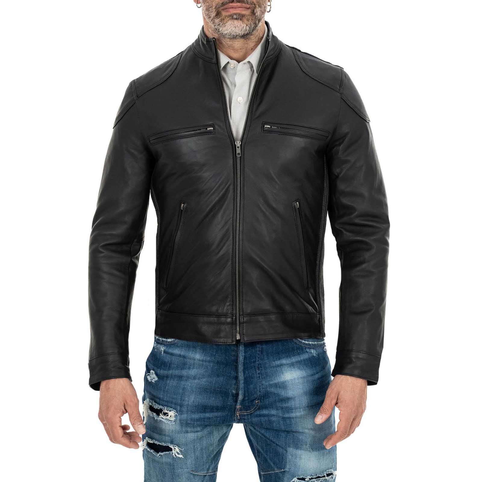 Biker Jacket in Genuine Leather Black Men Slim Four Pockets Rindway