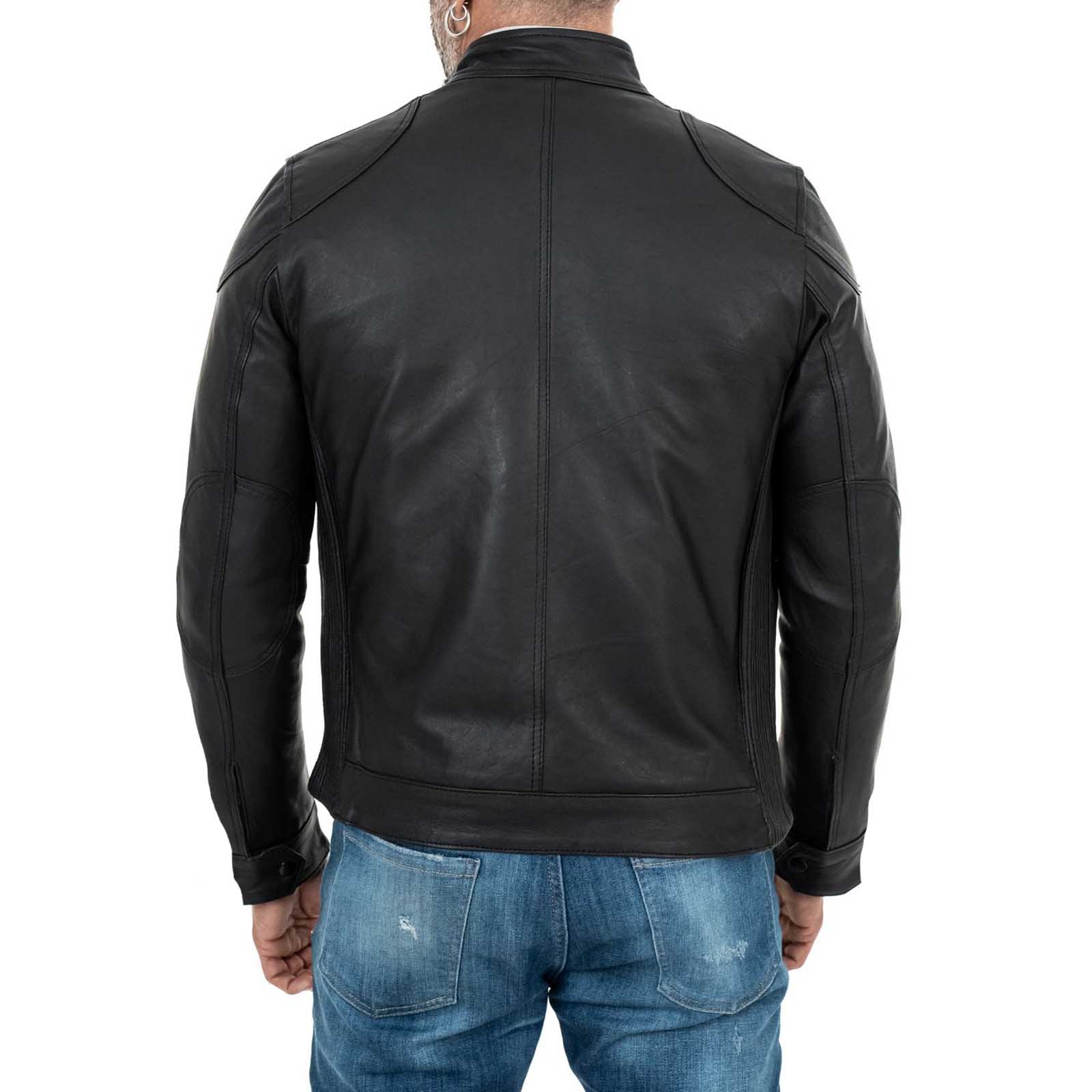 Biker Jacket in Genuine Leather Black Men Slim Rindway Shoulder Details