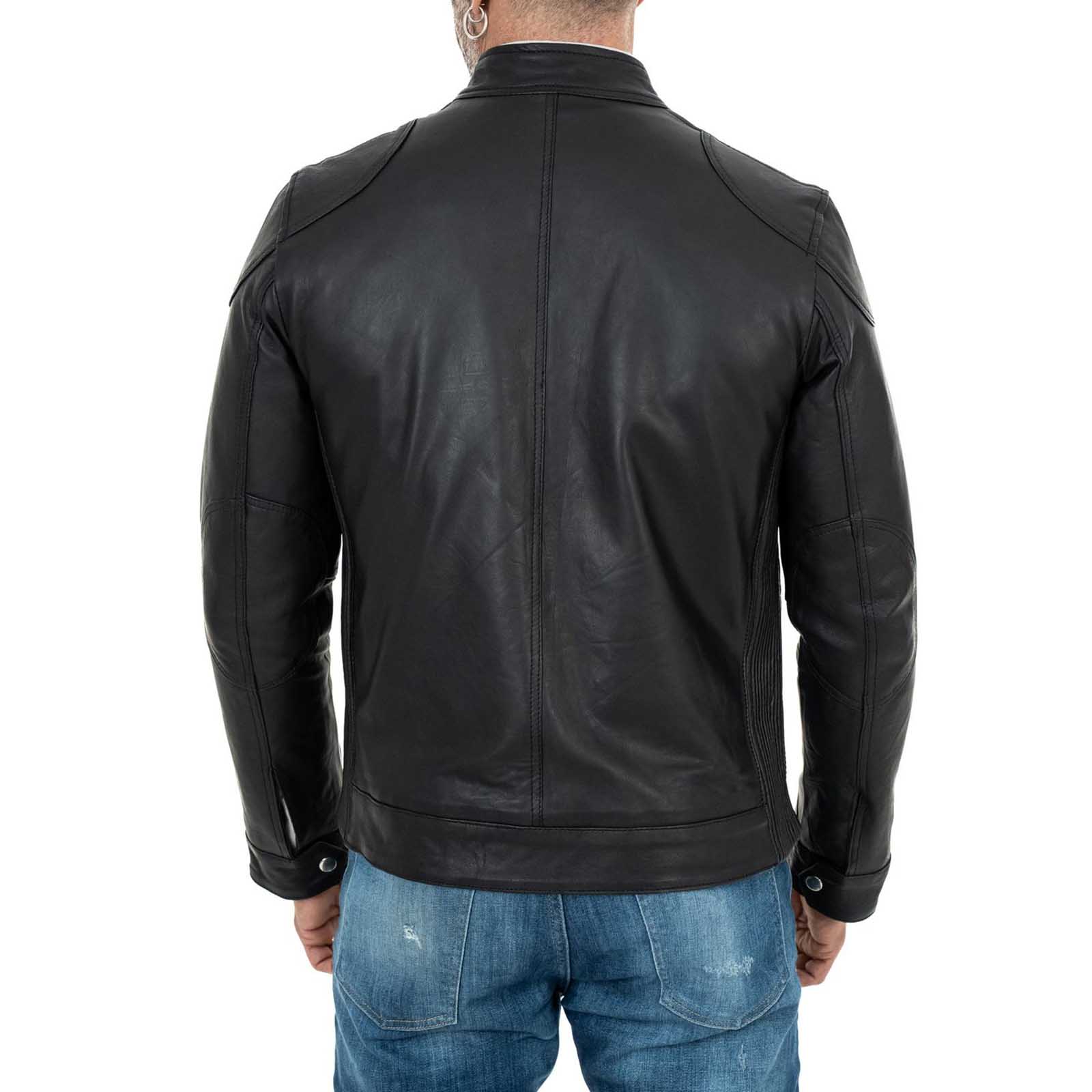 Biker Jacket in Genuine Leather Black Men Slim Four Pockets Rindway