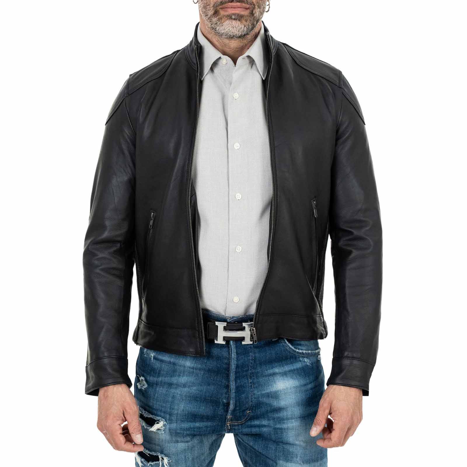 Biker Jacket in Genuine Leather Black Men Slim Rindway Shoulder Details