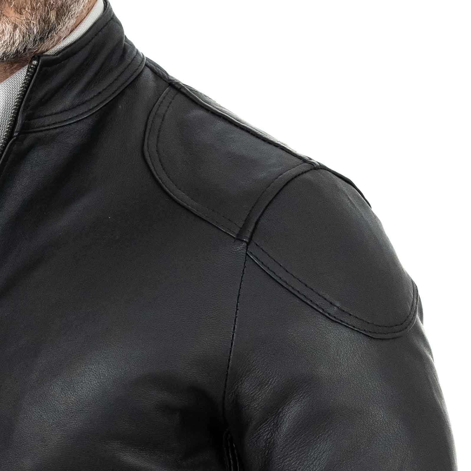 Biker Jacket in Genuine Leather Black Men Slim Rindway Shoulder Details