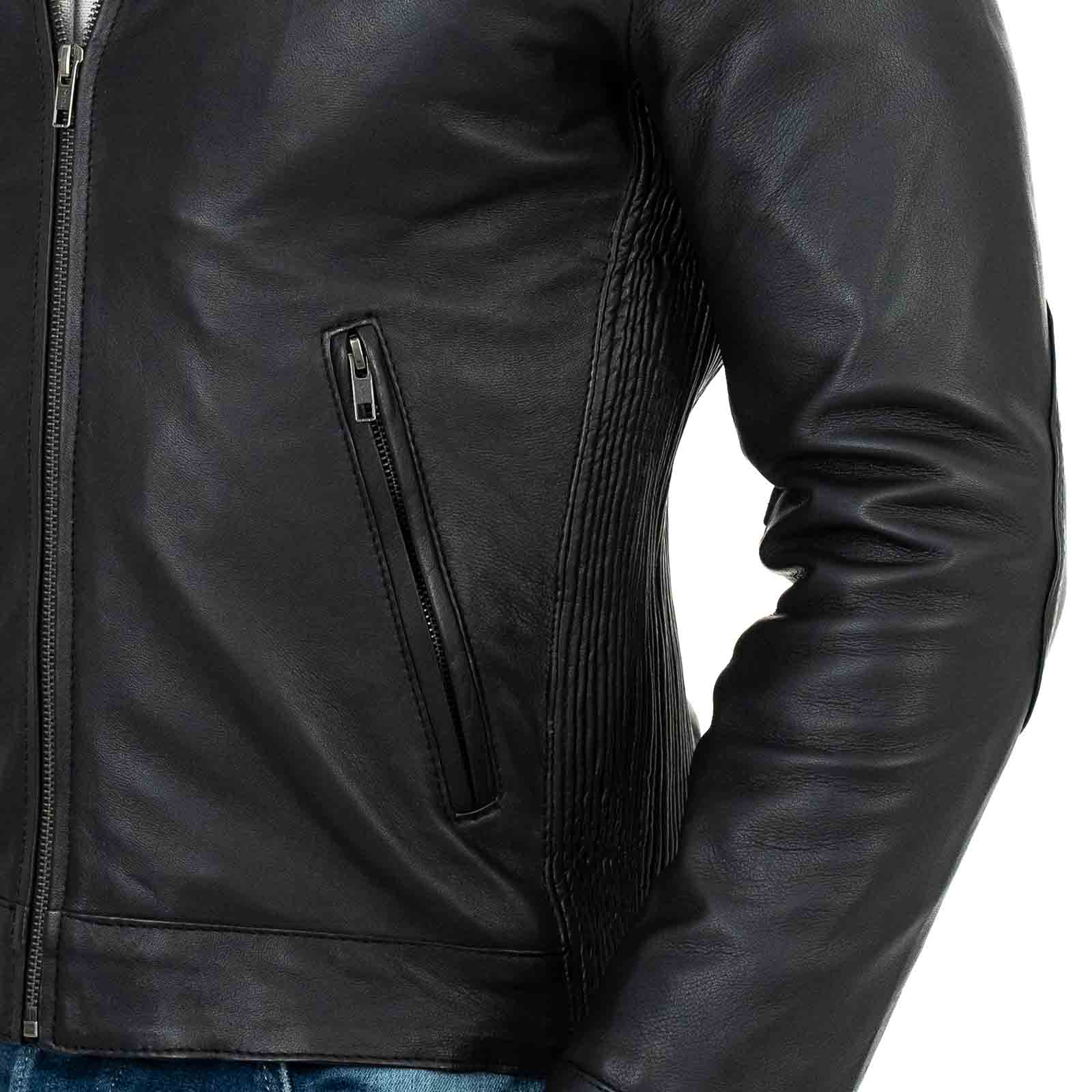 Biker Jacket in Genuine Leather Black Men Slim Rindway Shoulder Details