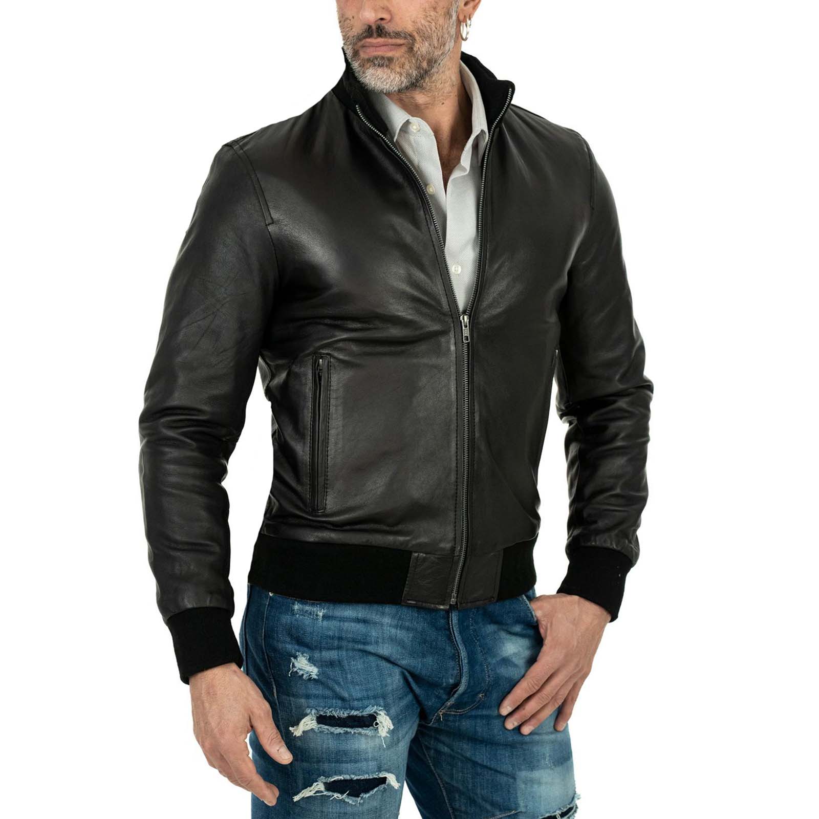 Bomber Jacket in Genuine Leather Black Men Slim Rindway Zip Pockets