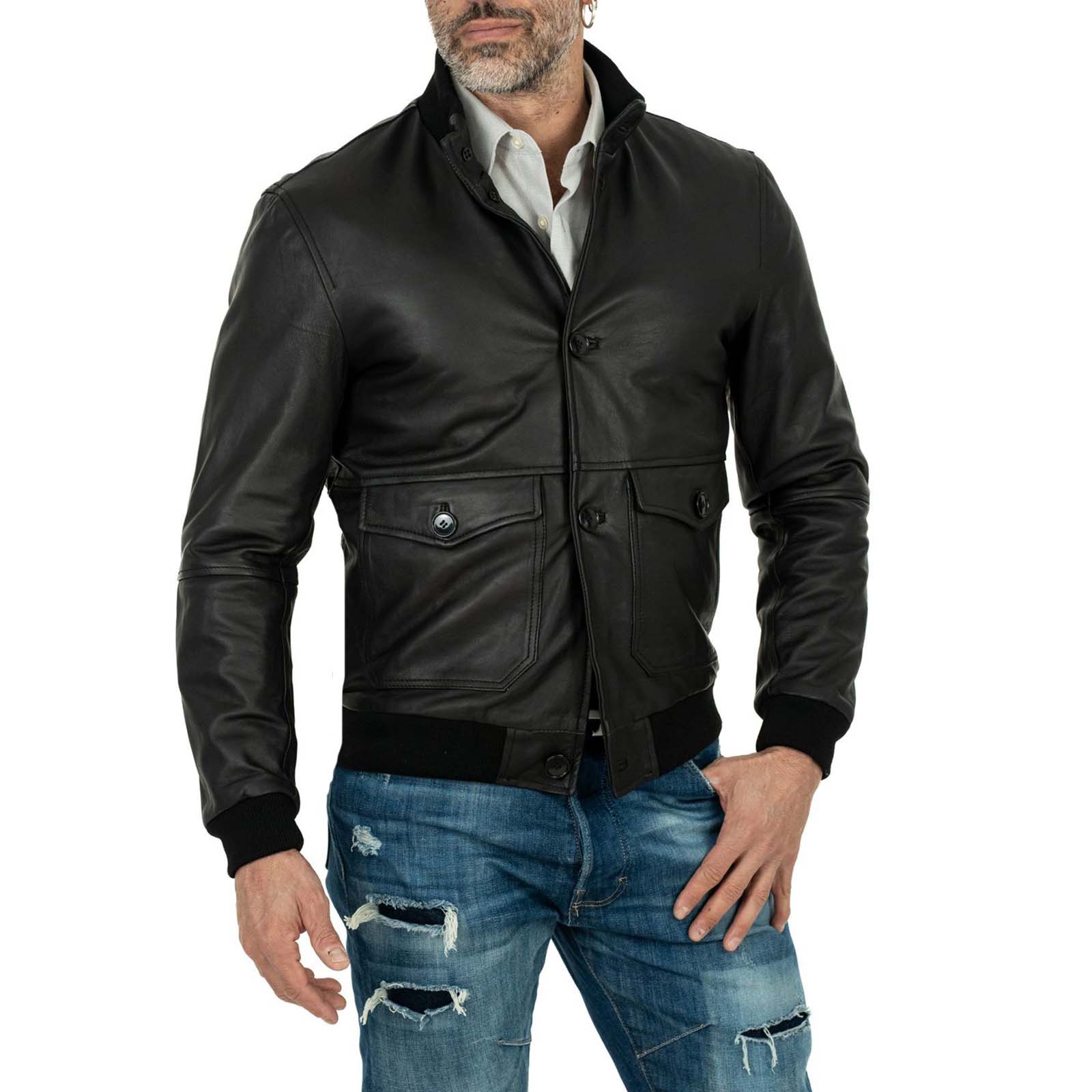 Slim Men's Black Genuine Leather Bomber Jacket With Rindway Buttons And Big Pockets