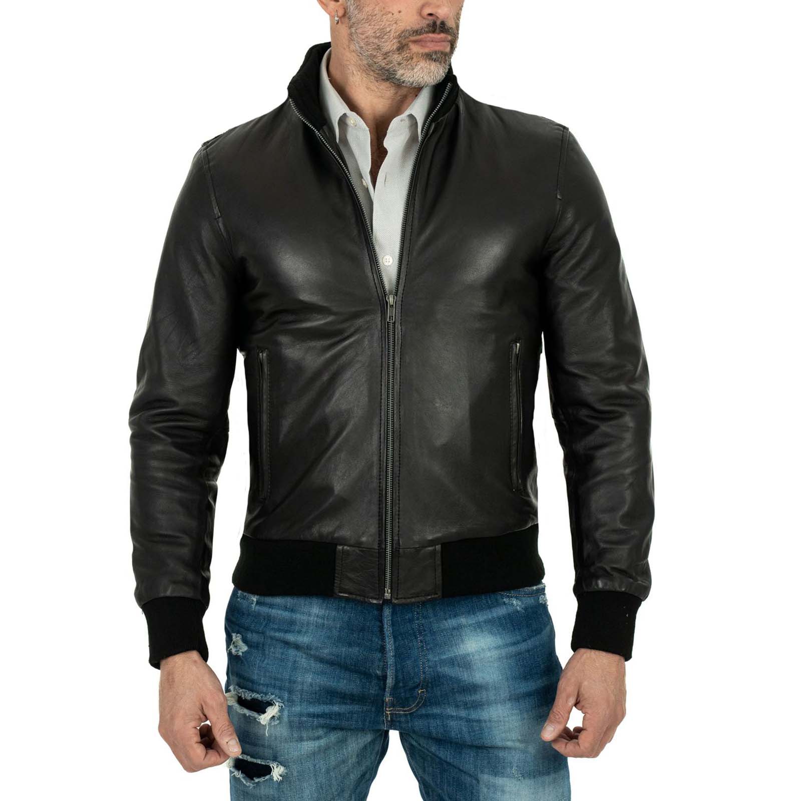 Bomber Jacket in Genuine Leather Black Men Slim Rindway Zip Pockets