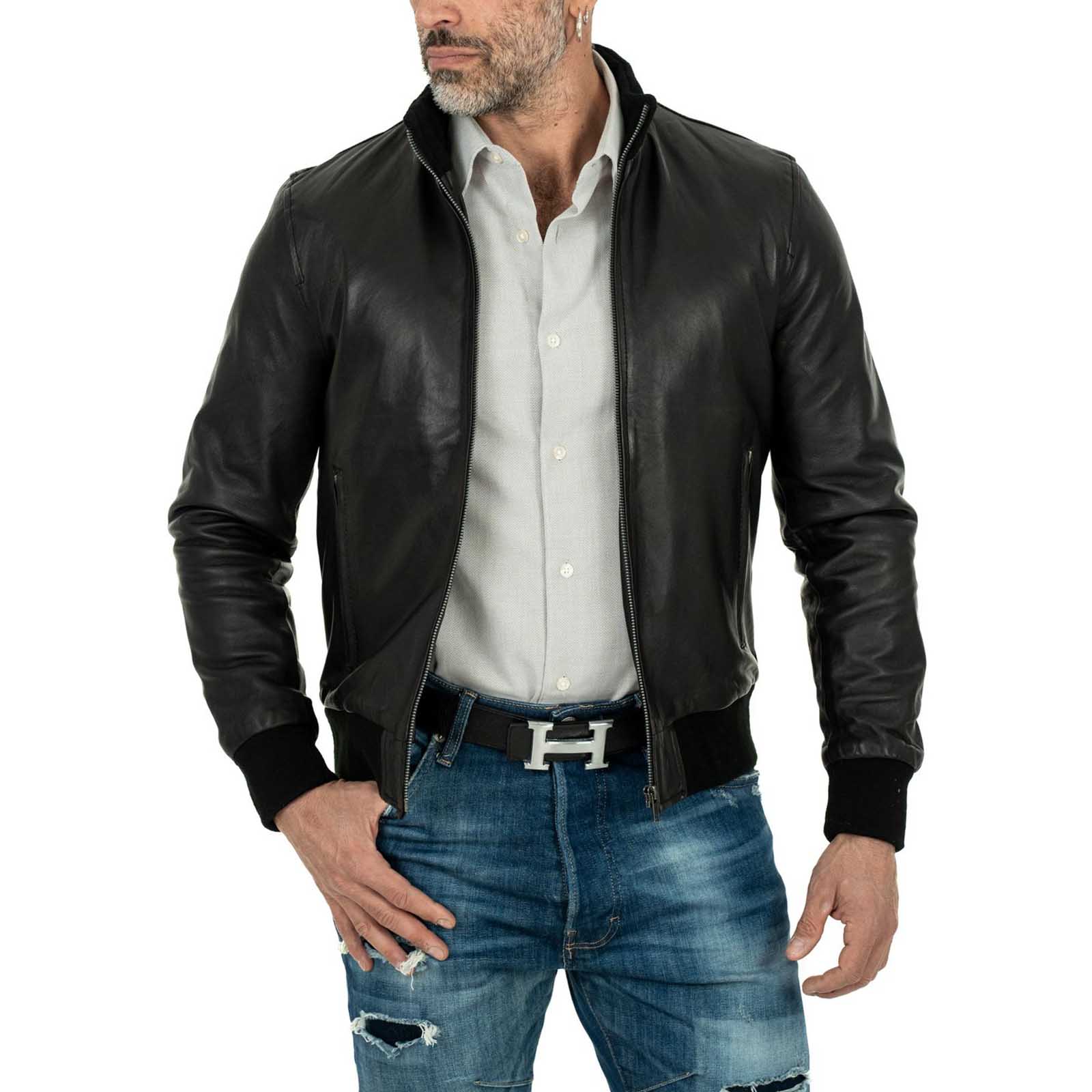 Bomber Jacket in Genuine Leather Black Men Slim Rindway Zip Pockets