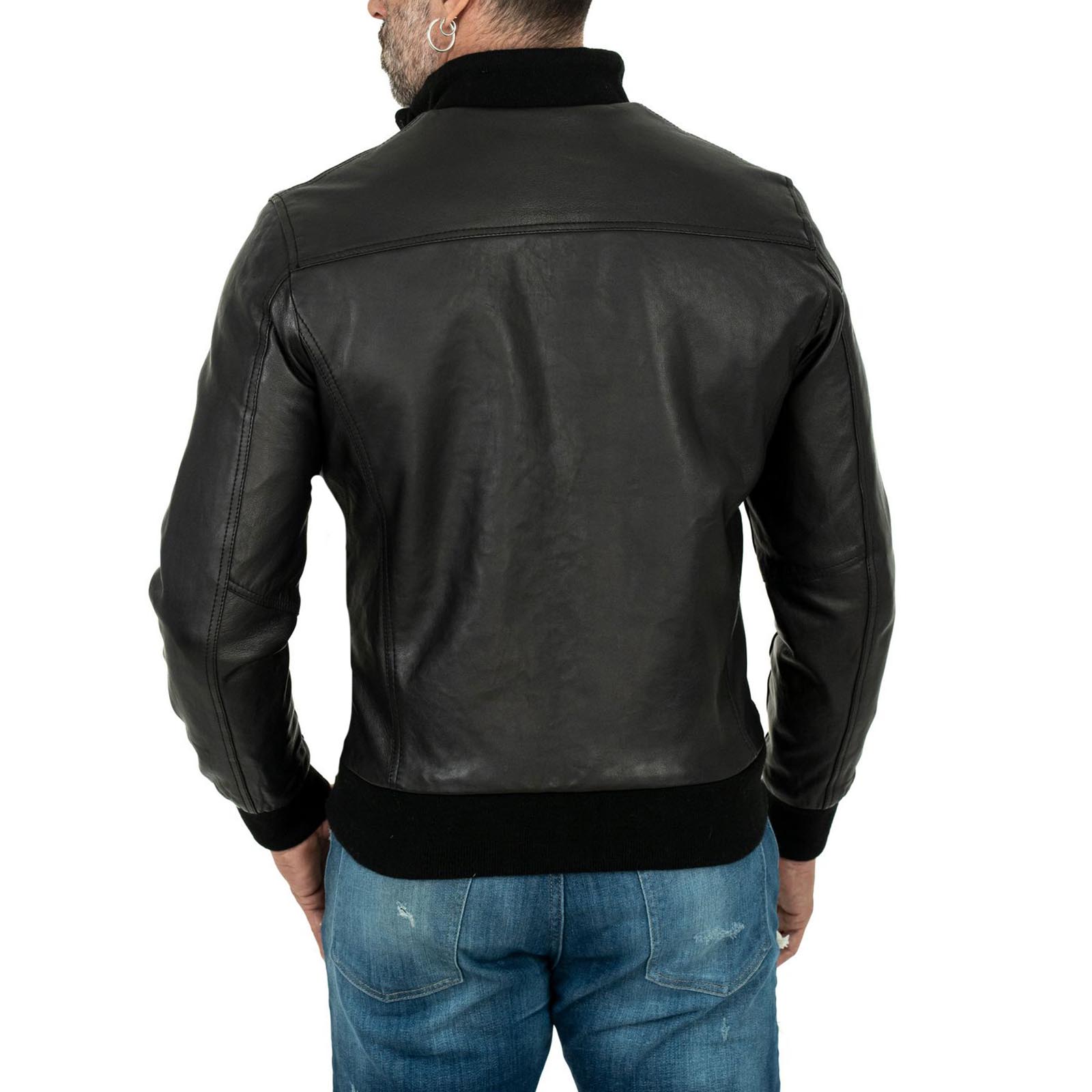 Bomber Jacket in Genuine Leather Black Men Slim Rindway Zip Pockets