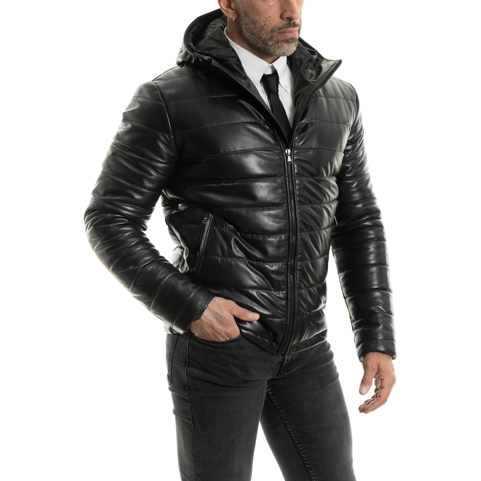 Men's Genuine Leather Down Jacket Slim Narrow Lines With Fixed Hood Rindway