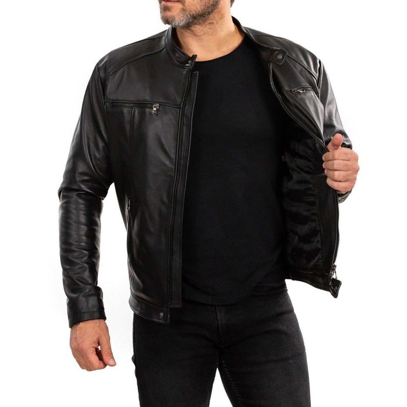 Giacca Biker In Vera Pelle Nera Uomo Slim Quattro Tasche Bottone Collo Rindway