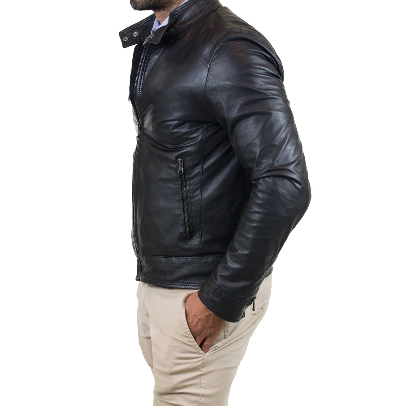 Men's Genuine Leather Biker Jacket Slim Collar With Buttons Rindway Outlet