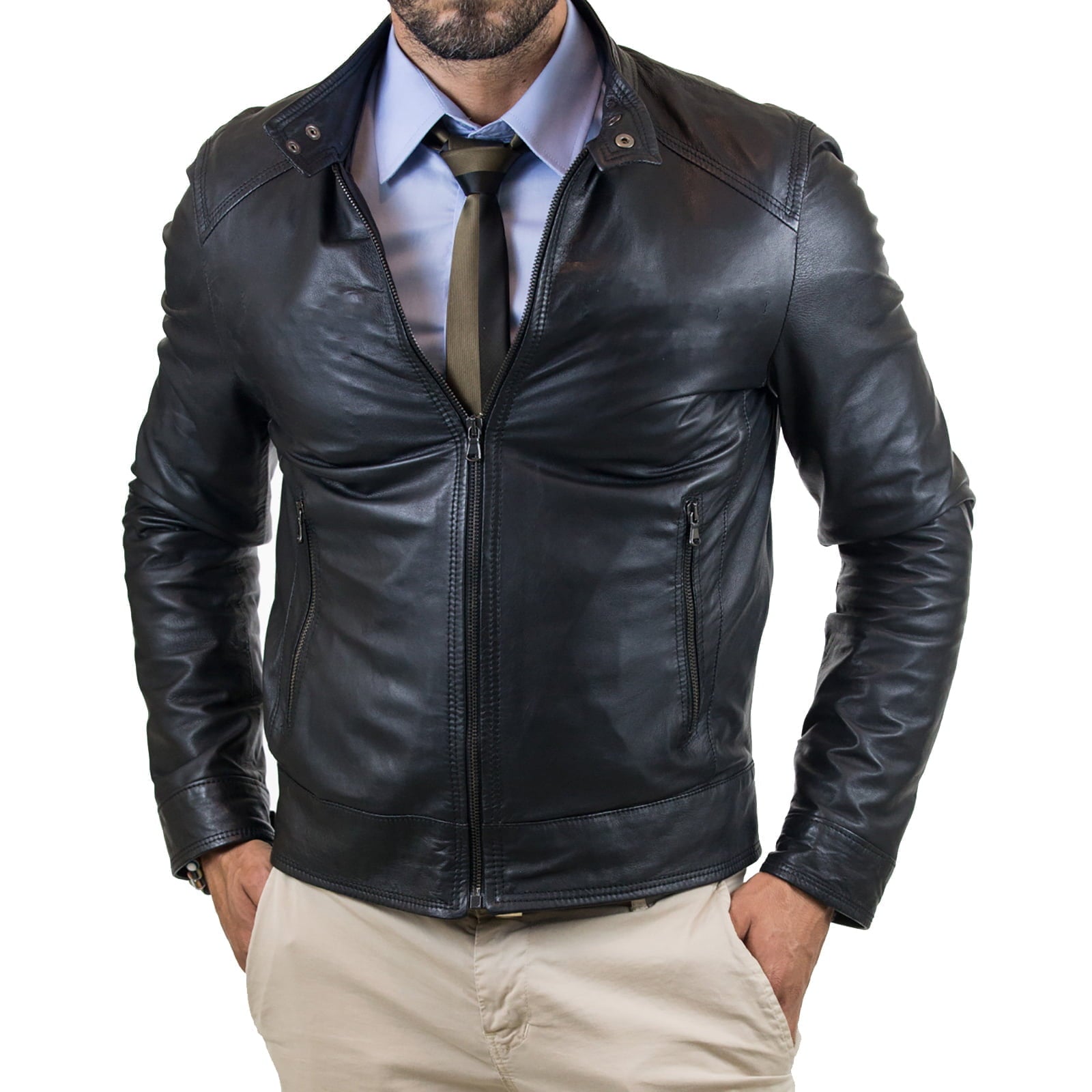 Rindway Men's Black Genuine Leather PU Leather Biker Jacket Slim Collar With Buttons